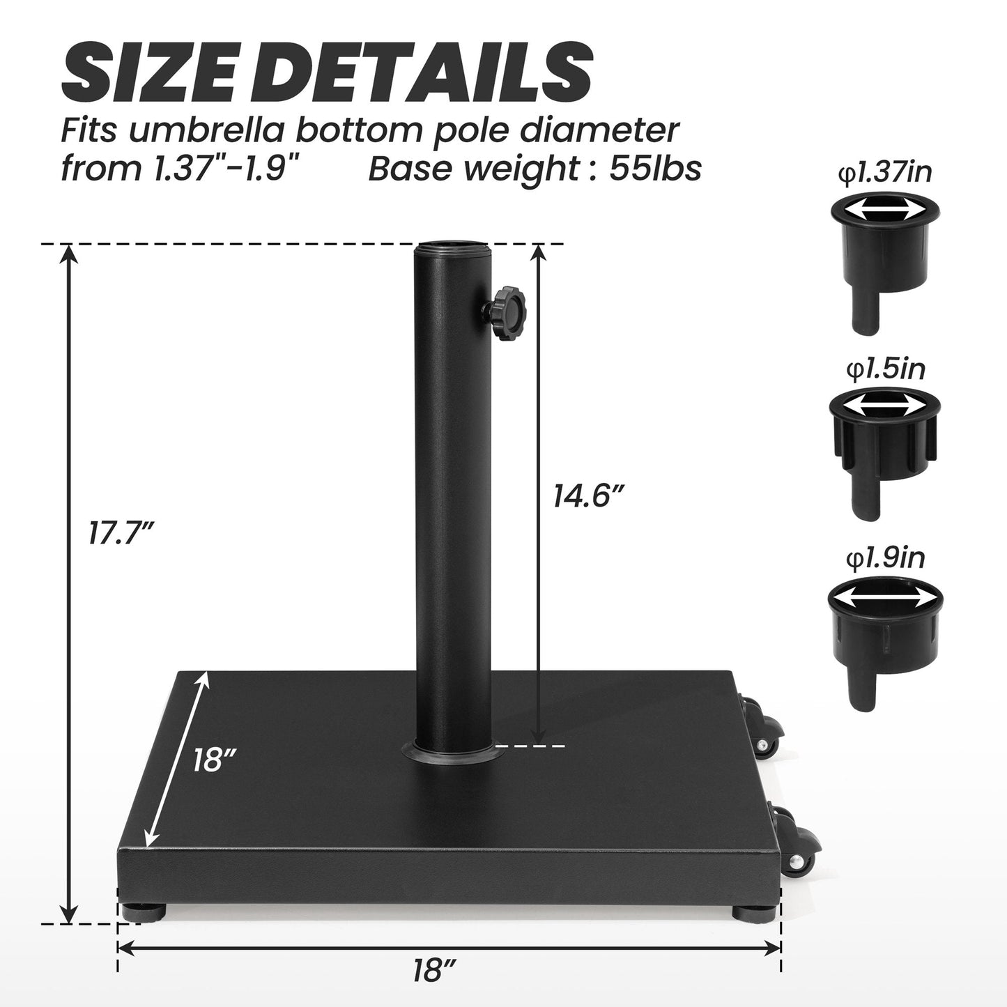 55lbs black square market umbrella base dimensions with wheels and 3 adapters for 1.37-1.9 inch poles.