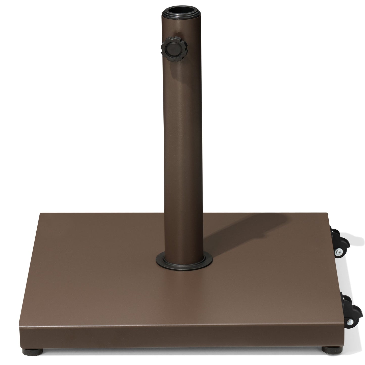 Brown square weighted patio market umbrella base with wheels.