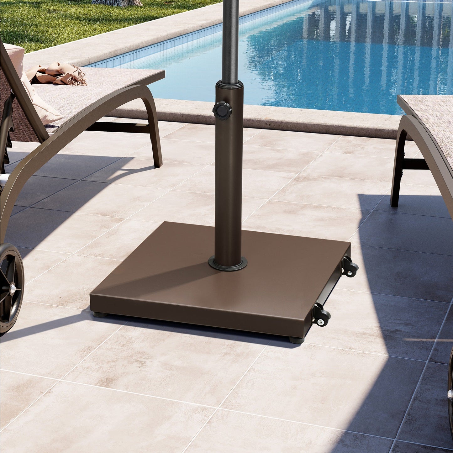 Brown square weighted market umbrella base with wheels on poolside patio.