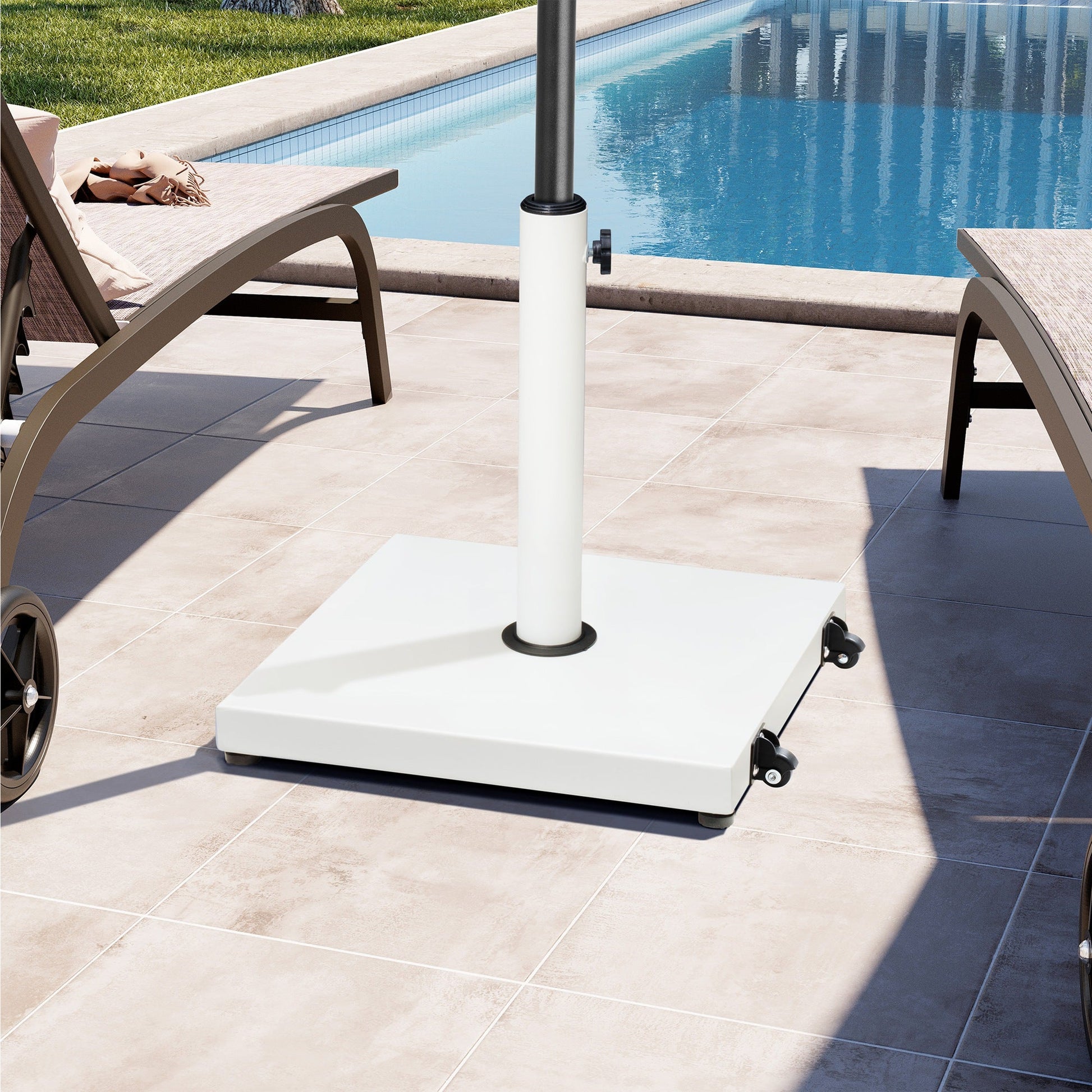 White square weighted market umbrella base with wheels on poolside patio.