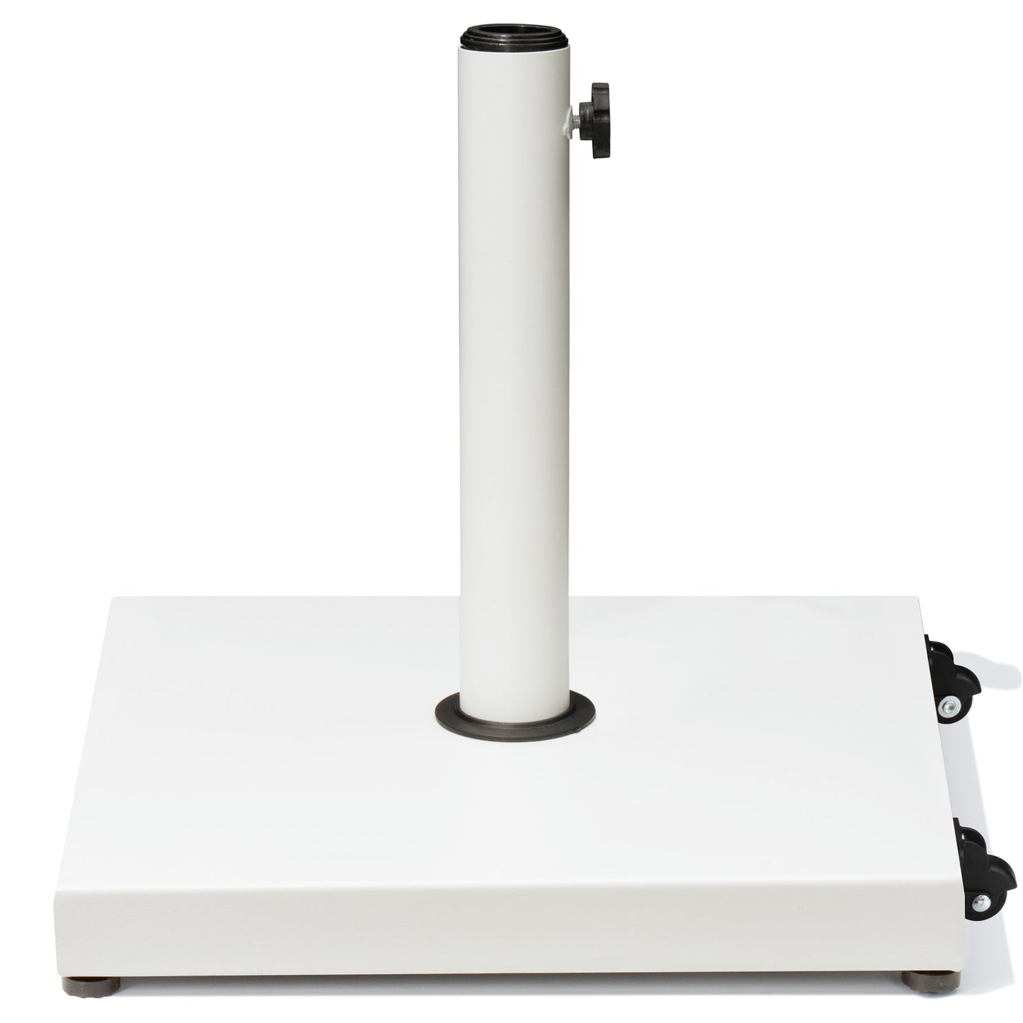 White square weighted patio market umbrella base with wheels.