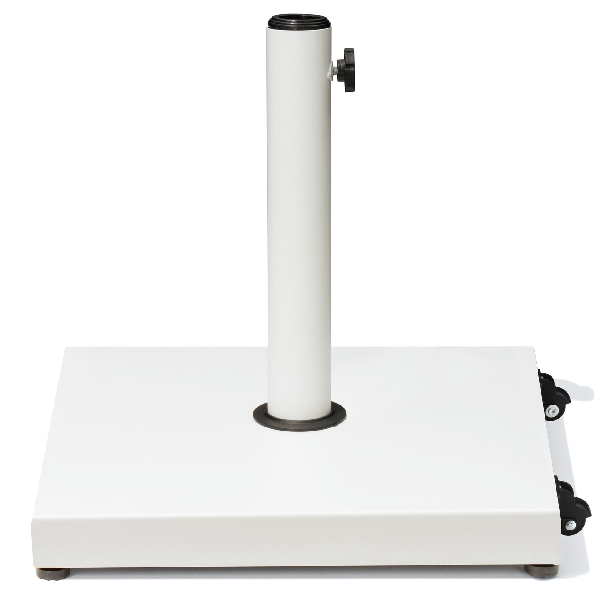 White square weighted patio market umbrella base with wheels.