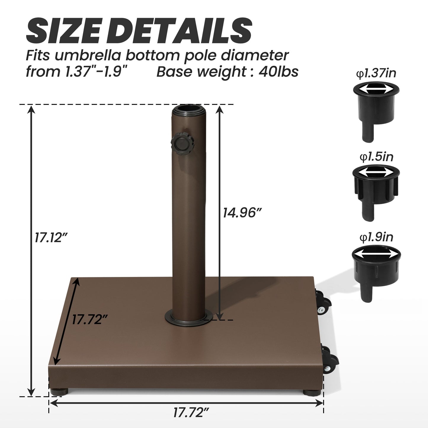 40lbs brown square market umbrella base dimensions with wheels and 3 adapters for 1.37-1.9 inch poles.