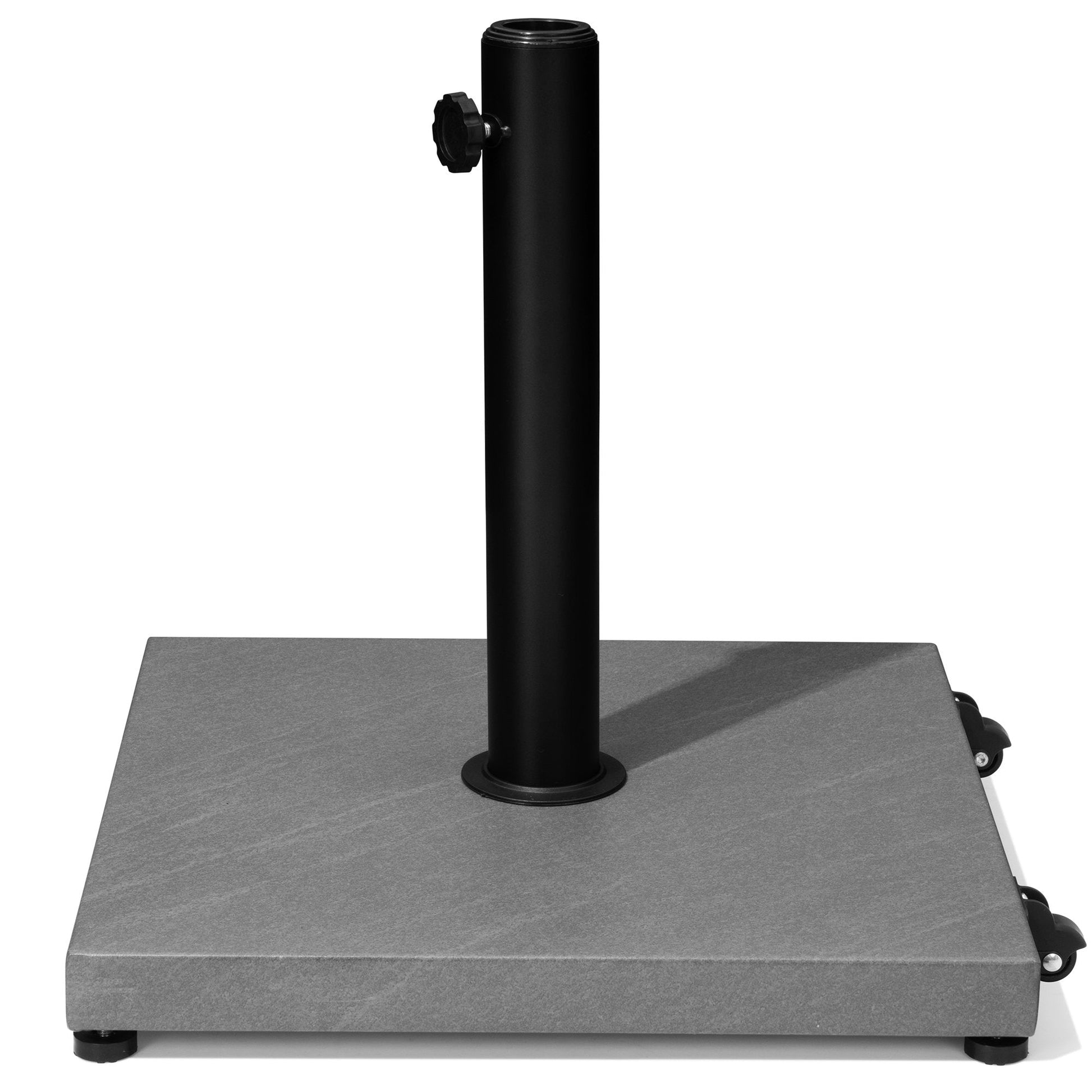 Grey stone texture square weighted market umbrella base with wheels.