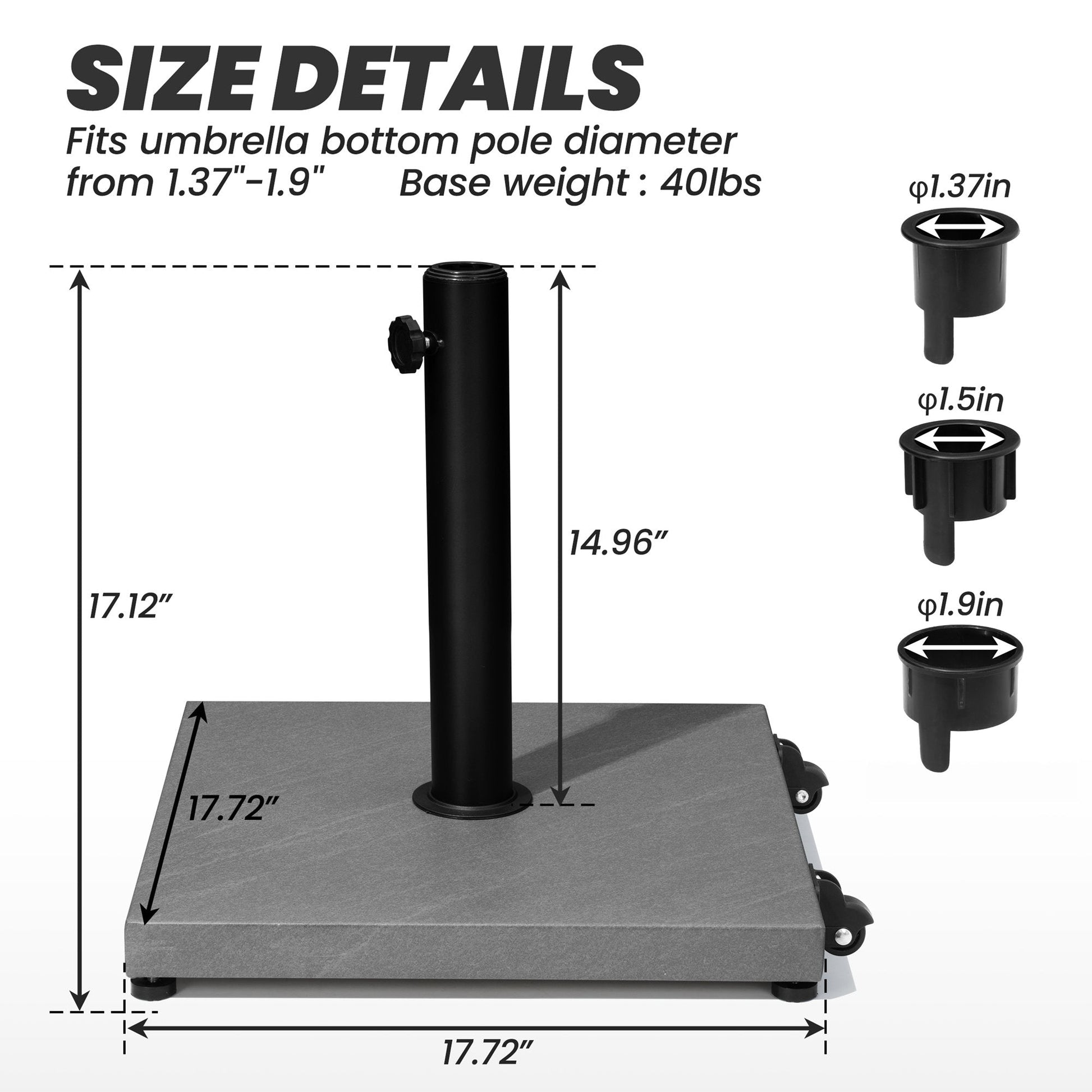 40lbs grey stone square market umbrella base dimensions with wheels and 3 adapters for 1.37-1.9 inch poles.
