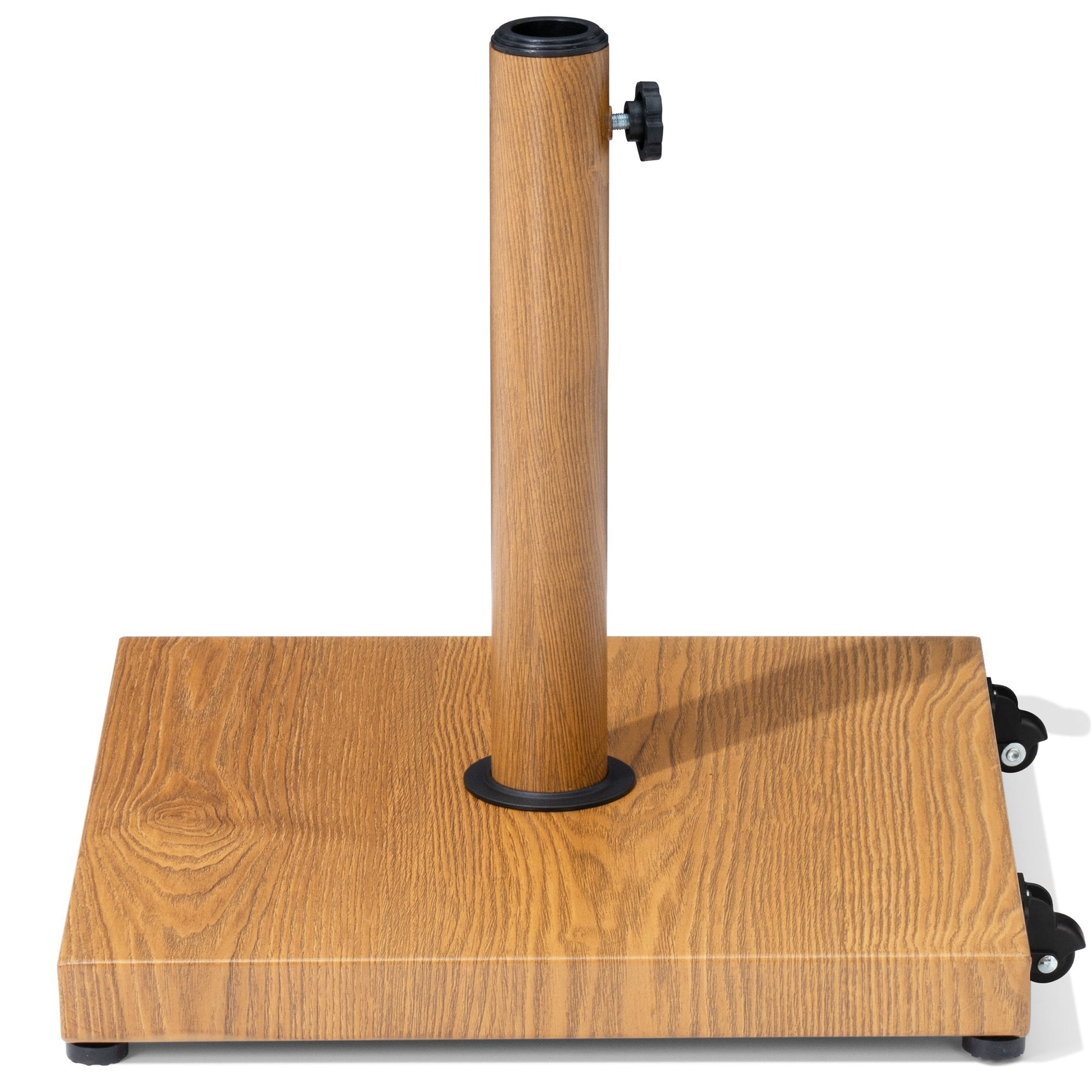 Wood grain square weighted market umbrella base with wheels.