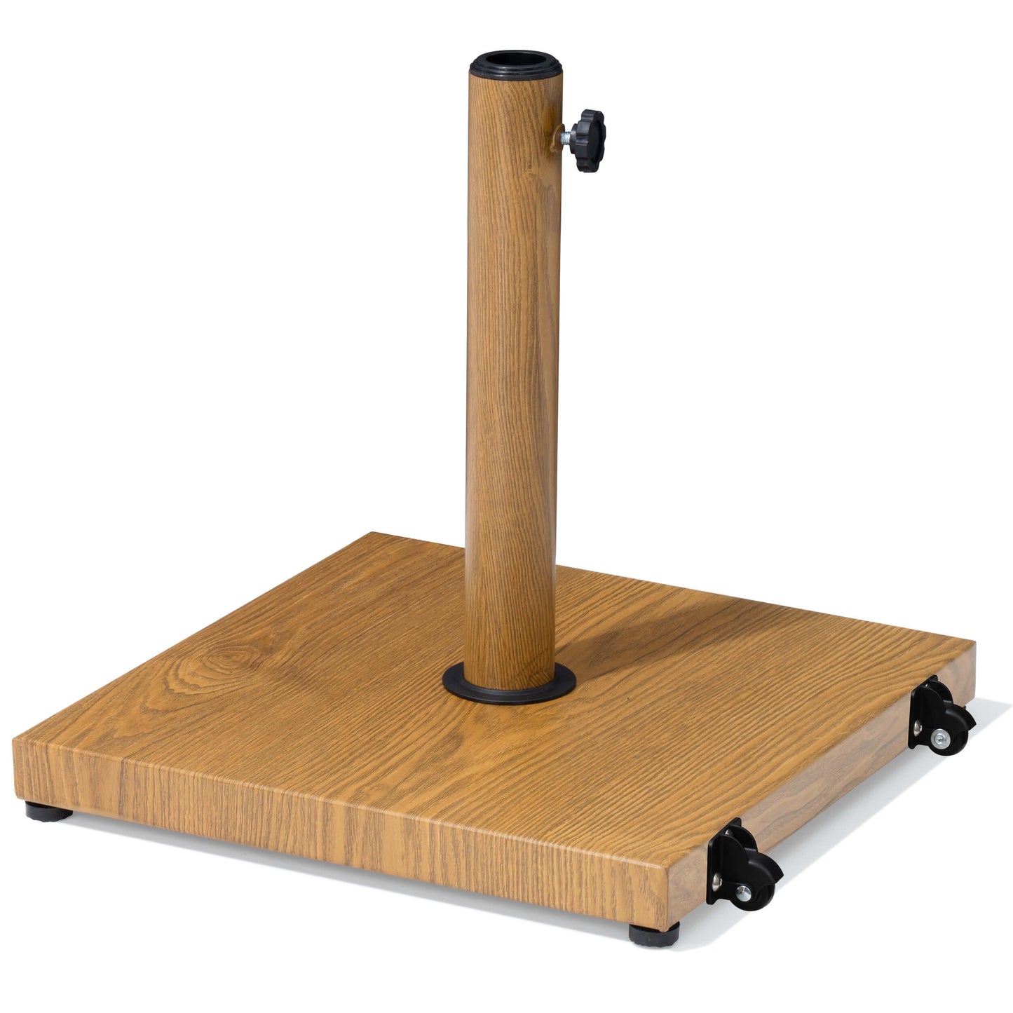 Square wood grain weighted patio market umbrella base with wheels.