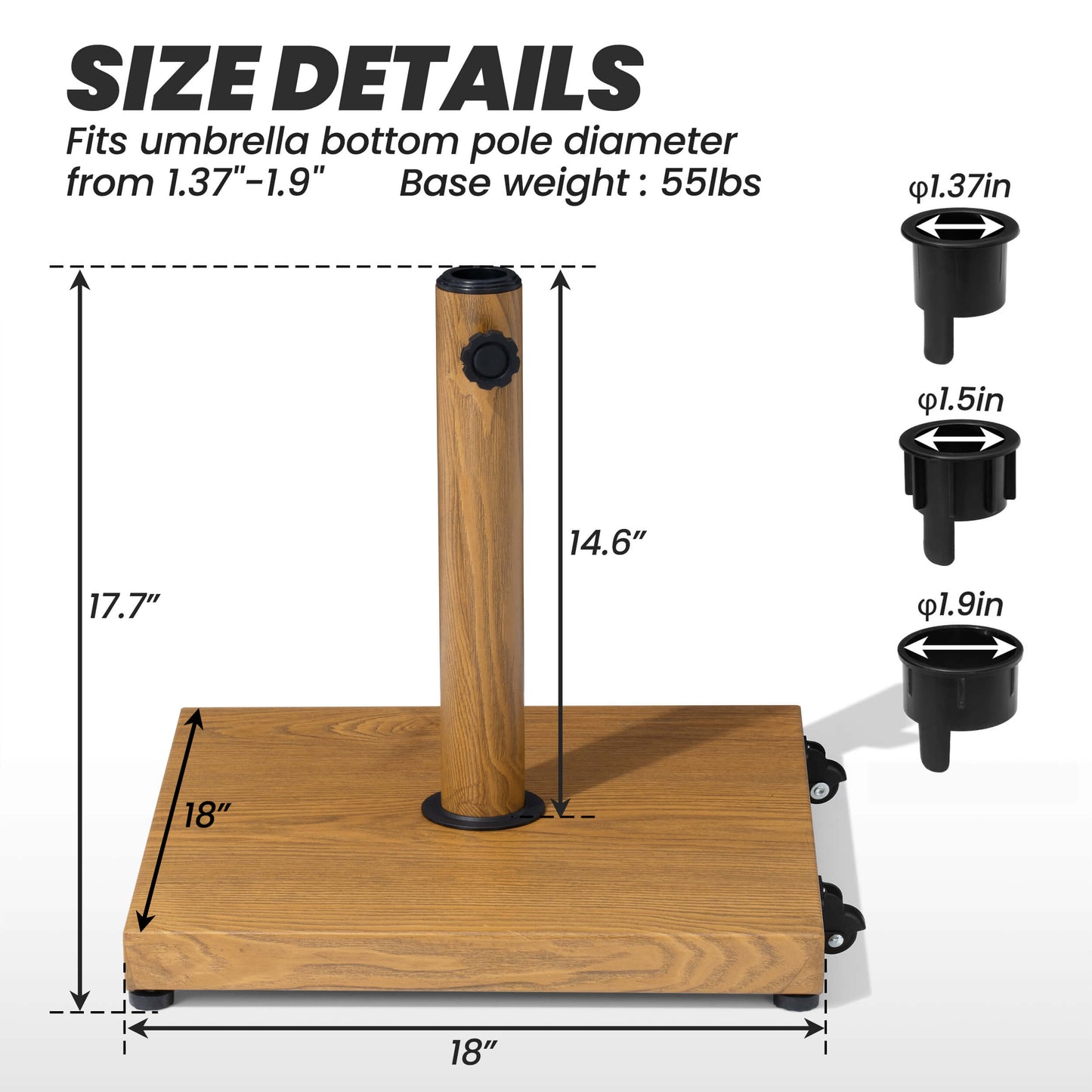 55lbs wood grain square market umbrella base dimensions with wheels and 3 adapters for 1.37-1.9 inch poles.