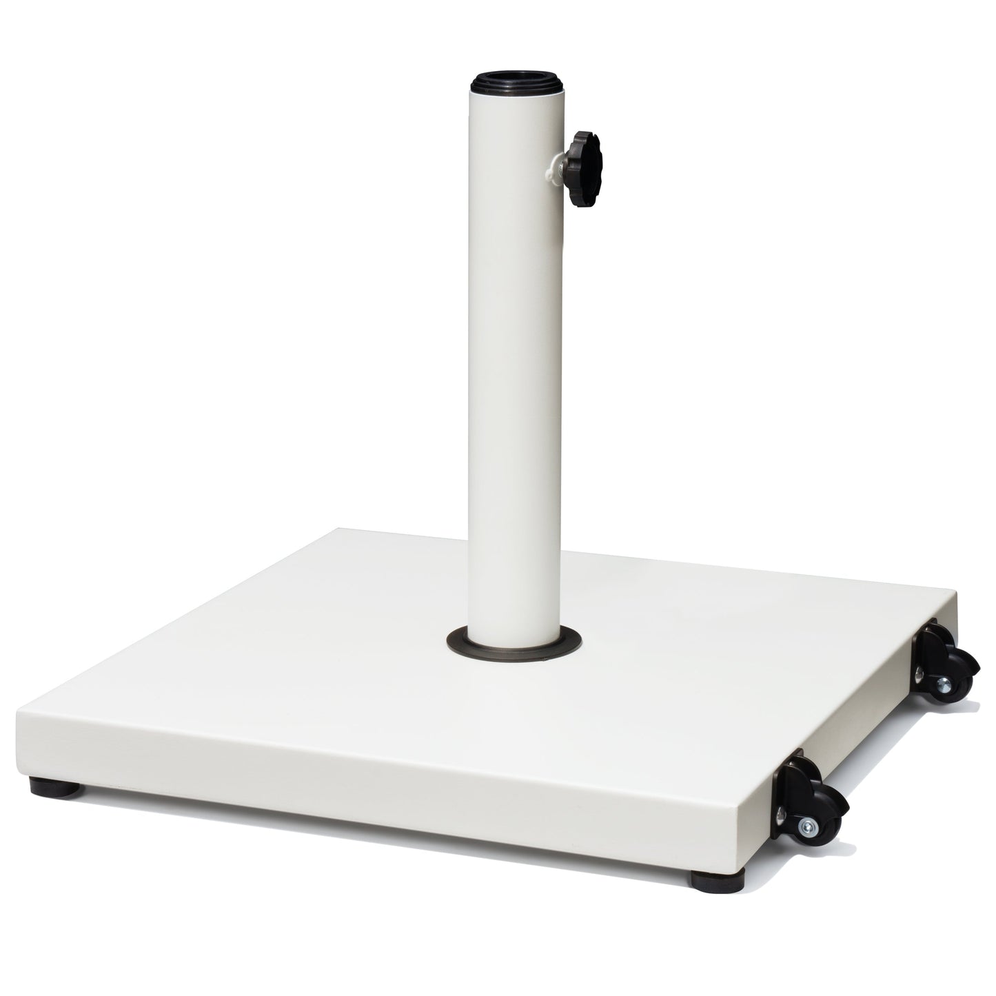 White square weighted patio market umbrella base with wheels.