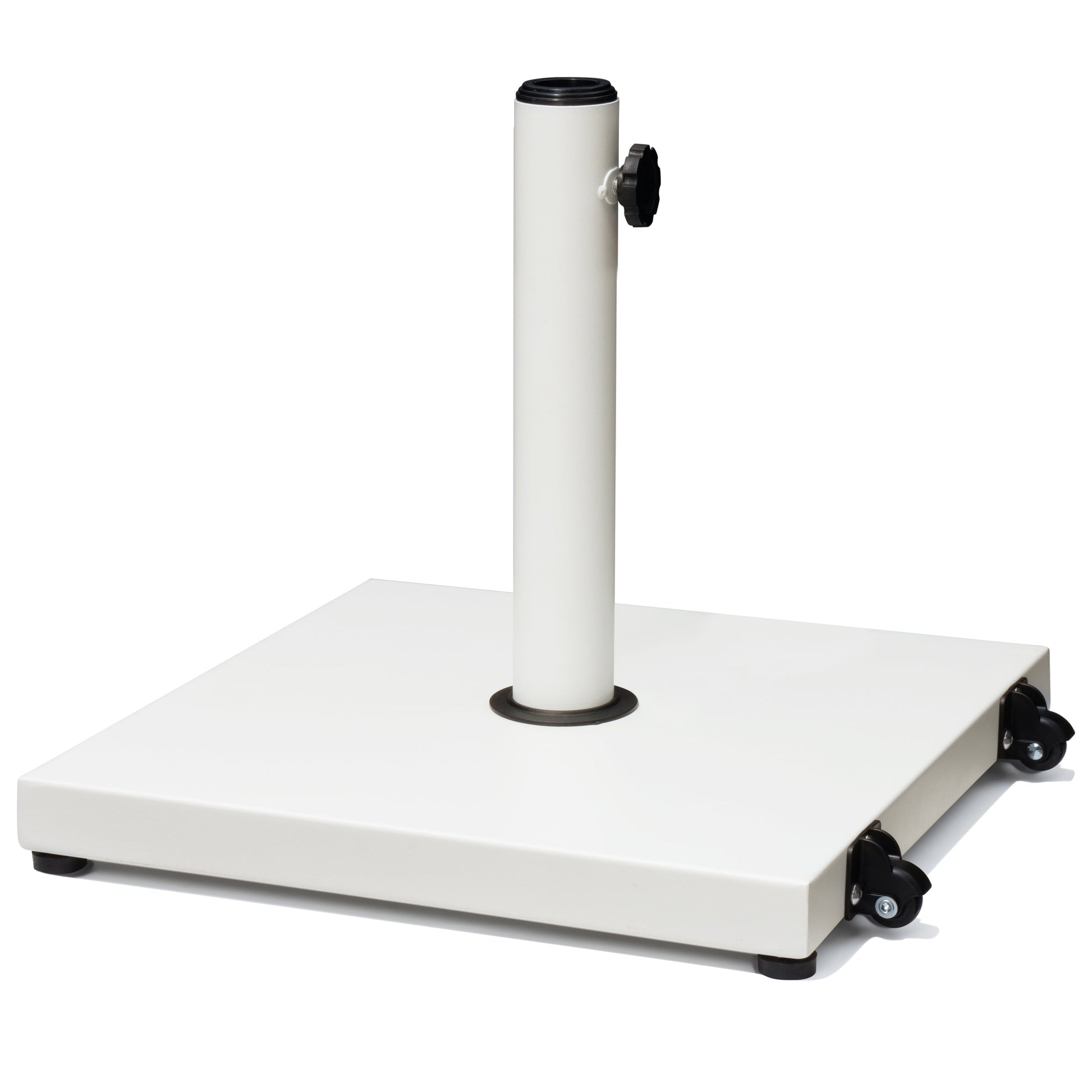 White square weighted patio market umbrella base with wheels.