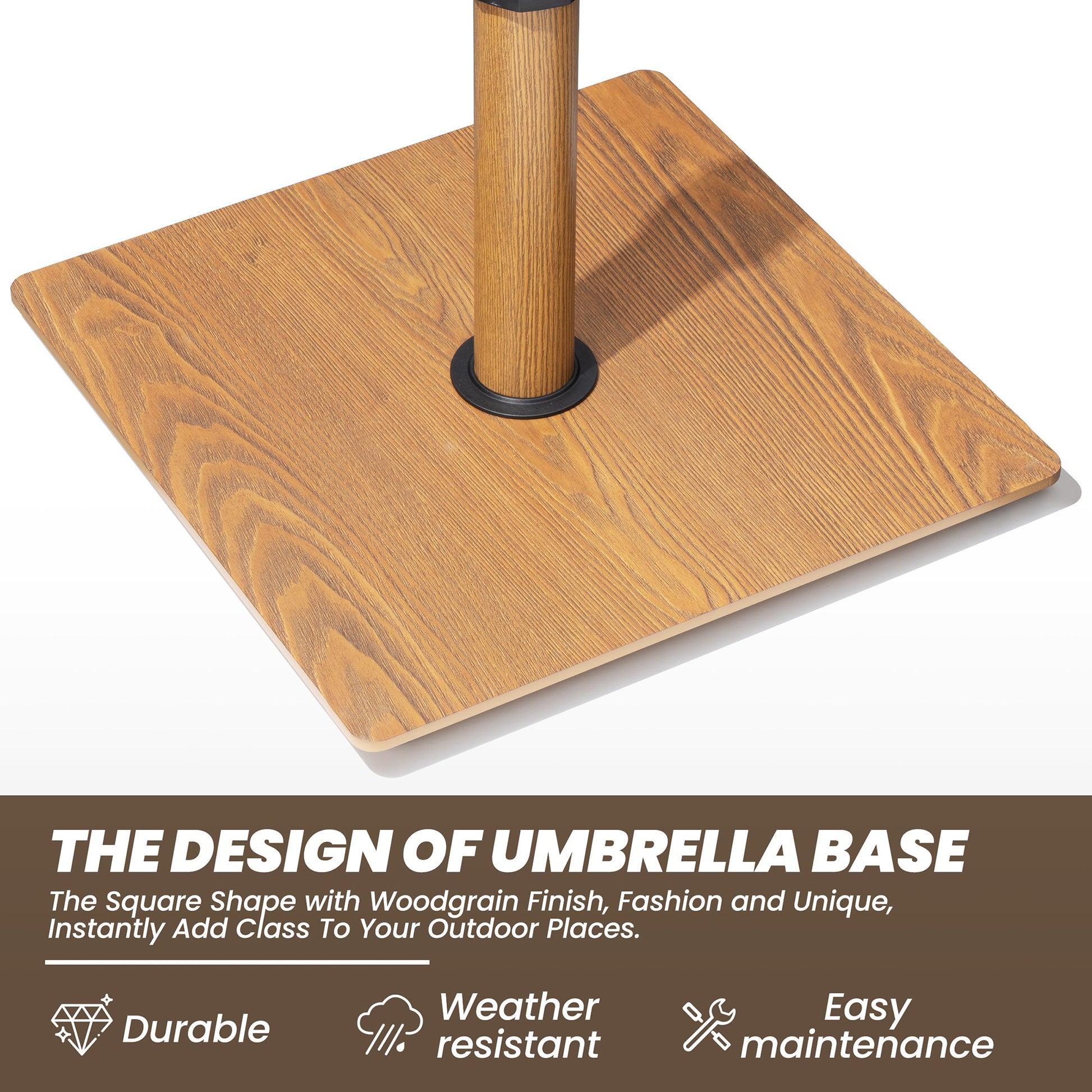 30 lbs square steel patio umbrella base with durable, weather-resistant wood grain finish.