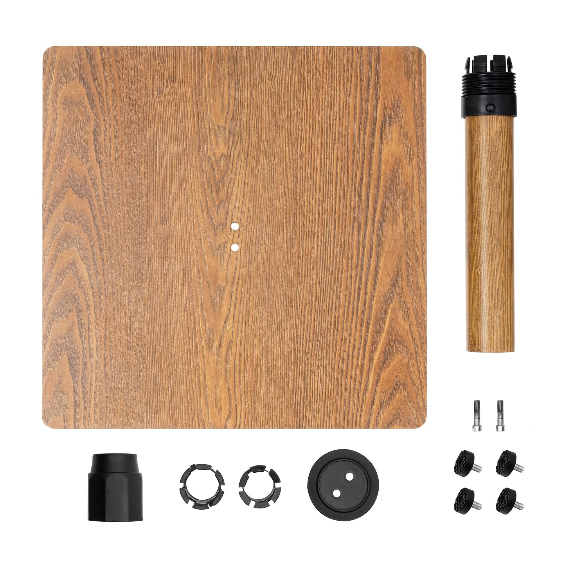 Unassembled parts of 30 lbs square wood grain steel patio umbrella base: base plate, pole sleeve, and hardware.