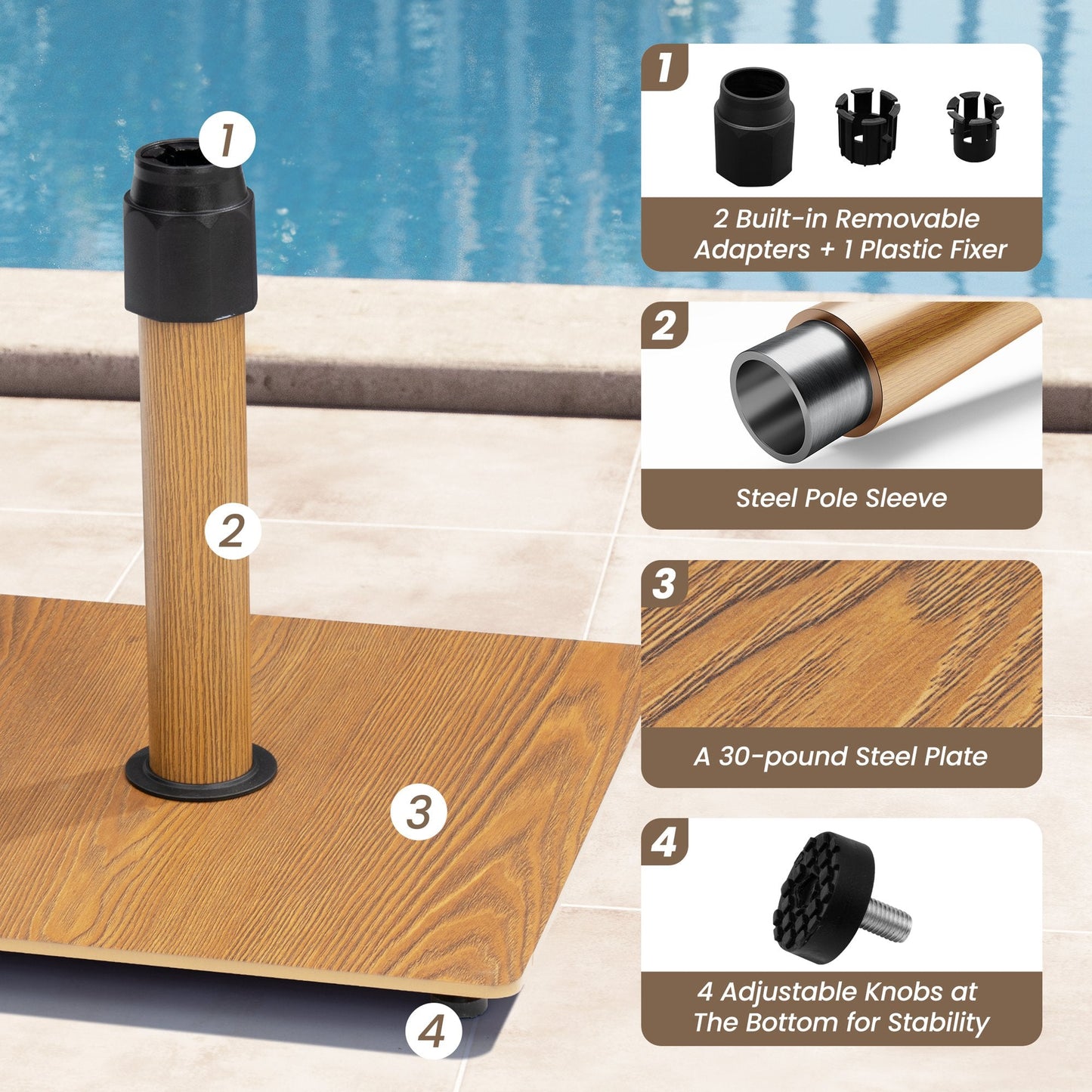 Details of 30 lbs square wood grain steel patio umbrella base with adapters, pole sleeve, and adjustable knobs.