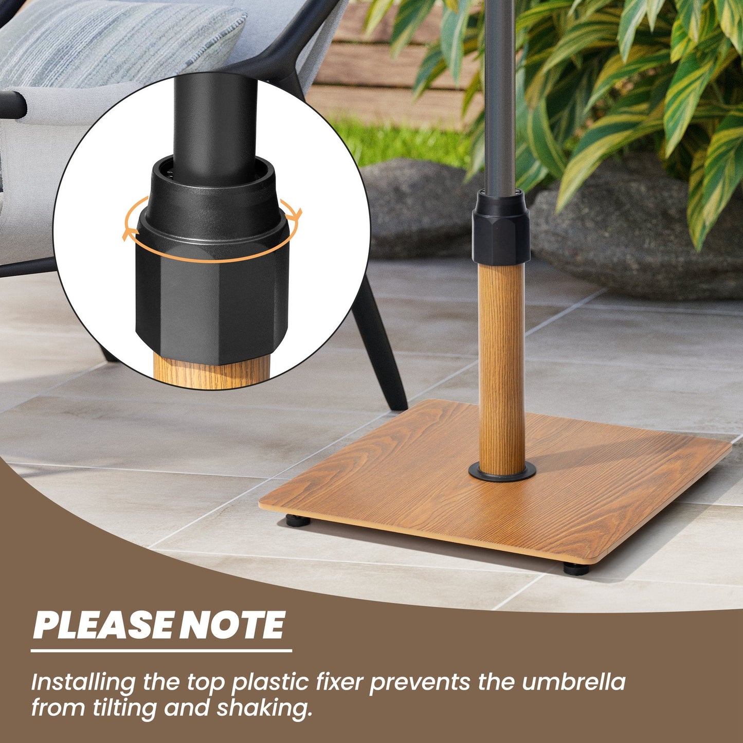 30 lbs square wood grain steel patio umbrella base showing top plastic fixer to prevent tilting.
