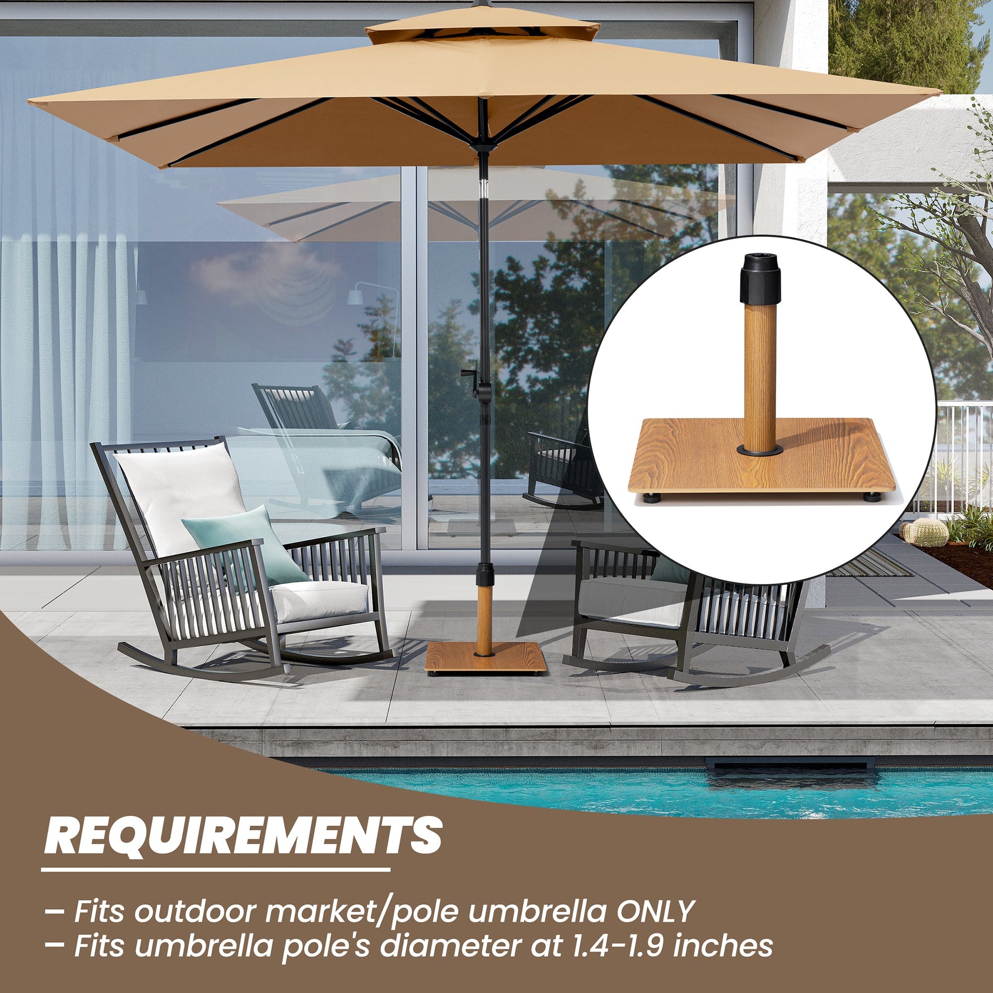 30 lbs square wood grain patio umbrella base holding a market umbrella, fits 1.4-1.9in poles.