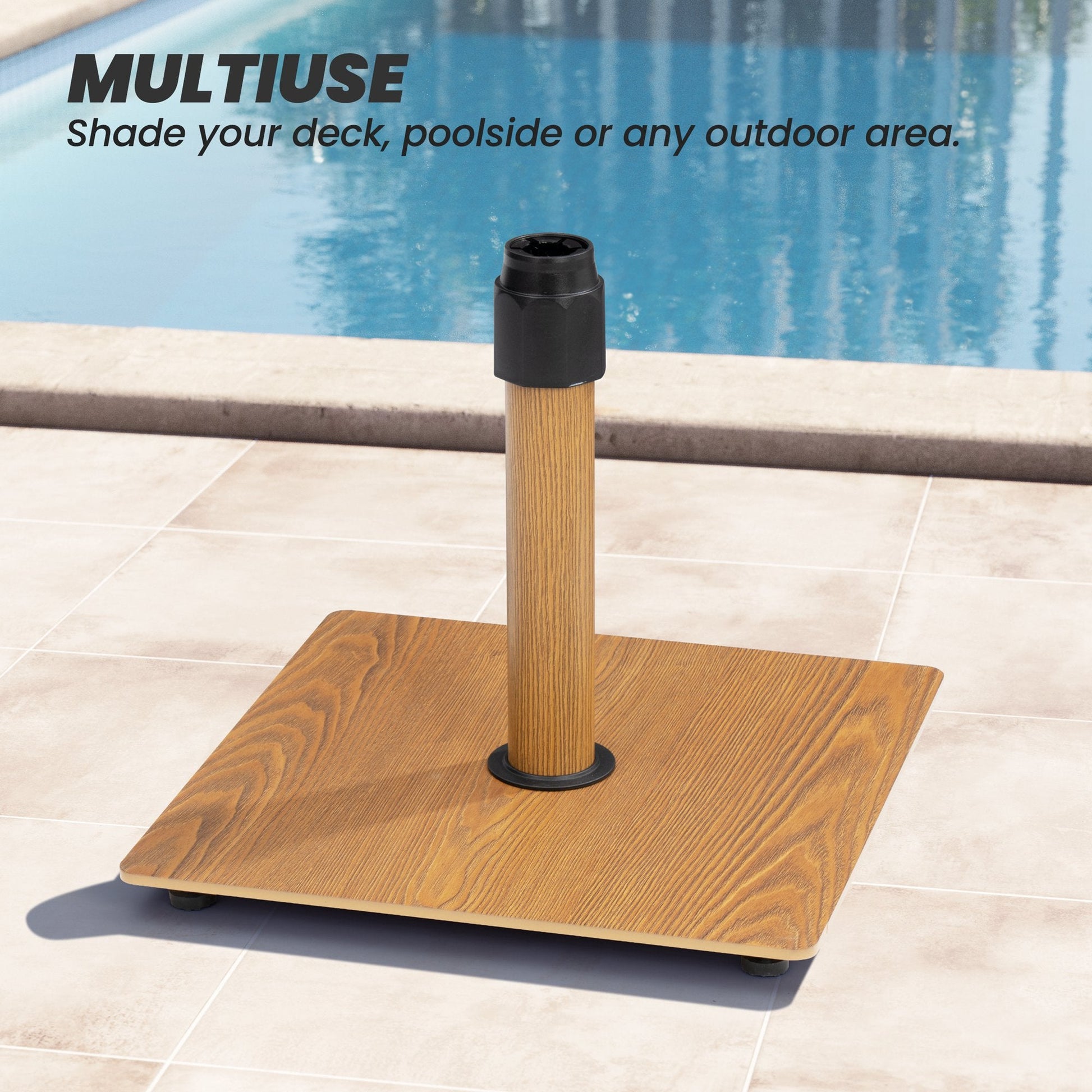 Multiuse 30 lbs square wood grain steel patio umbrella base for poolside shade.