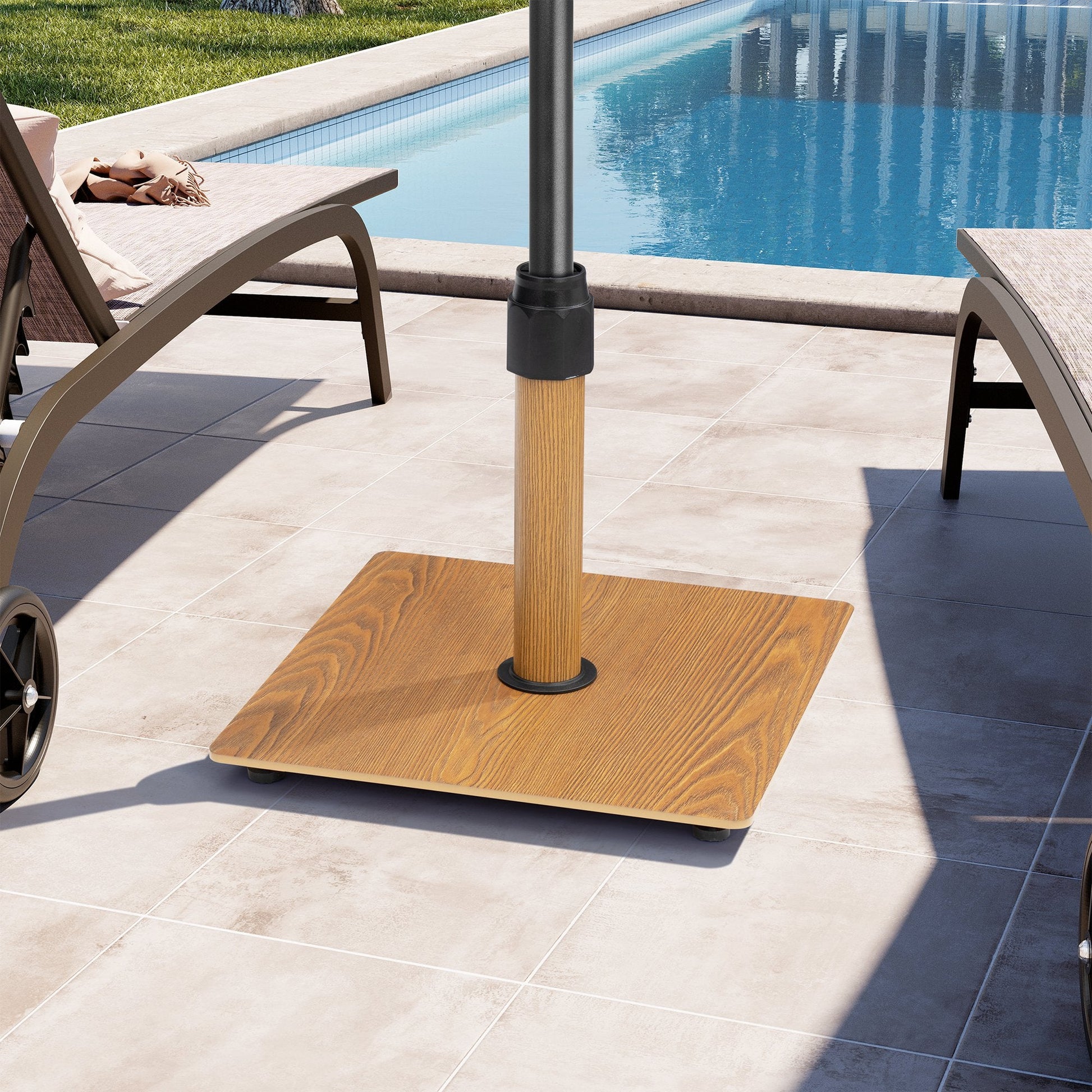 30 lbs square wood grain steel patio umbrella base on a poolside patio.