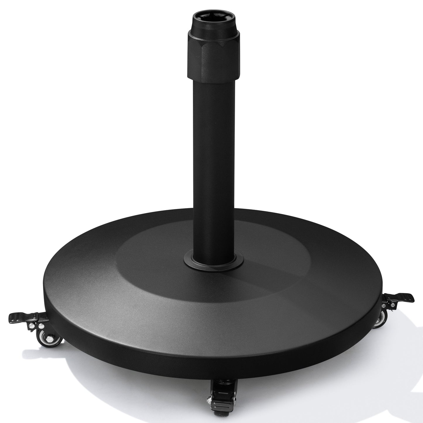 55 lbs round weighted patio umbrella base with 4 smooth-rolling caster wheels for mobility.