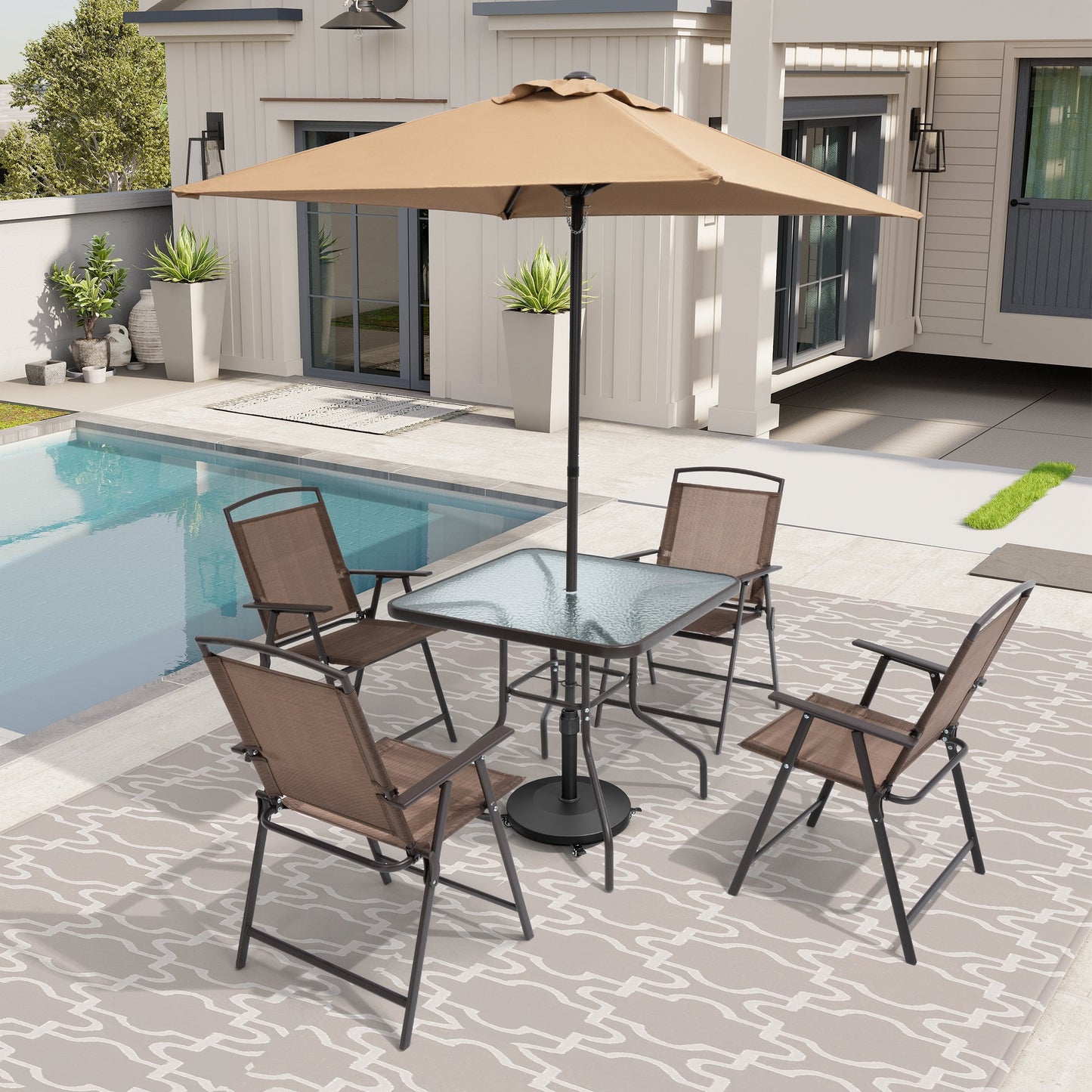 55 lbs black patio umbrella base with wheels supporting a market umbrella under a poolside dining table.