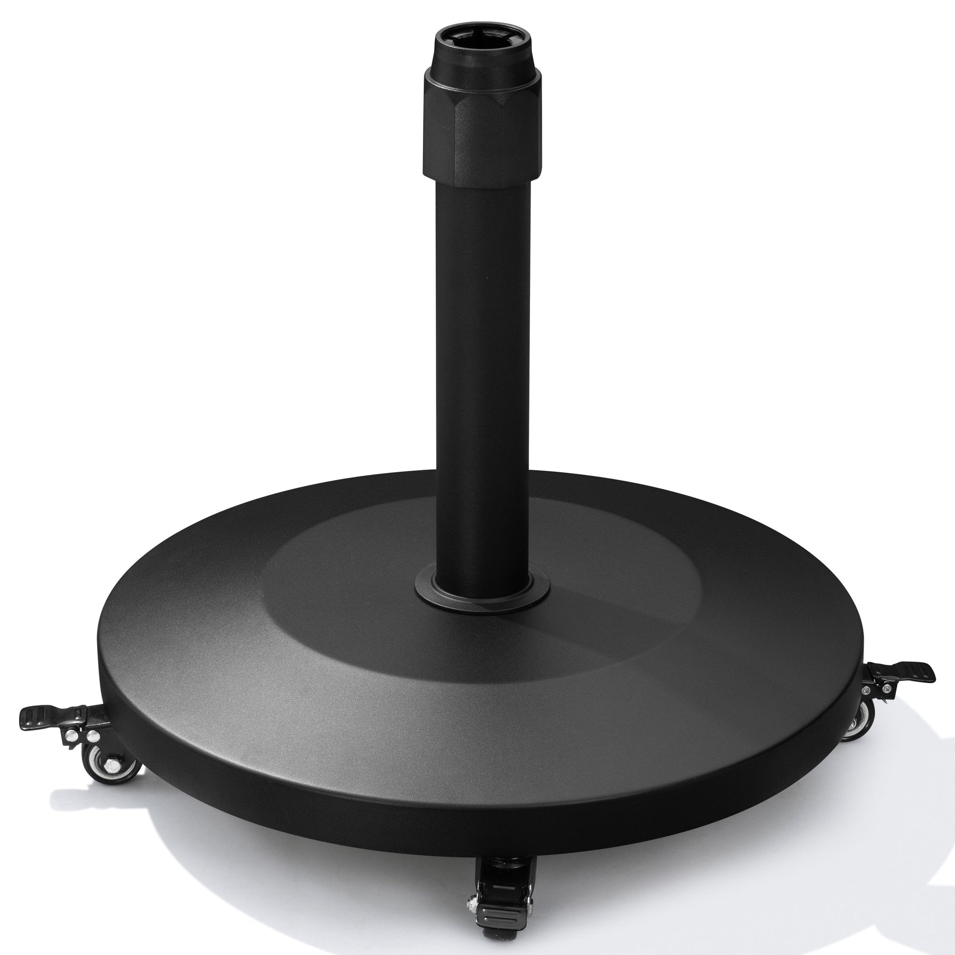 40 lbs round black market umbrella base with 4 caster wheels for mobility.