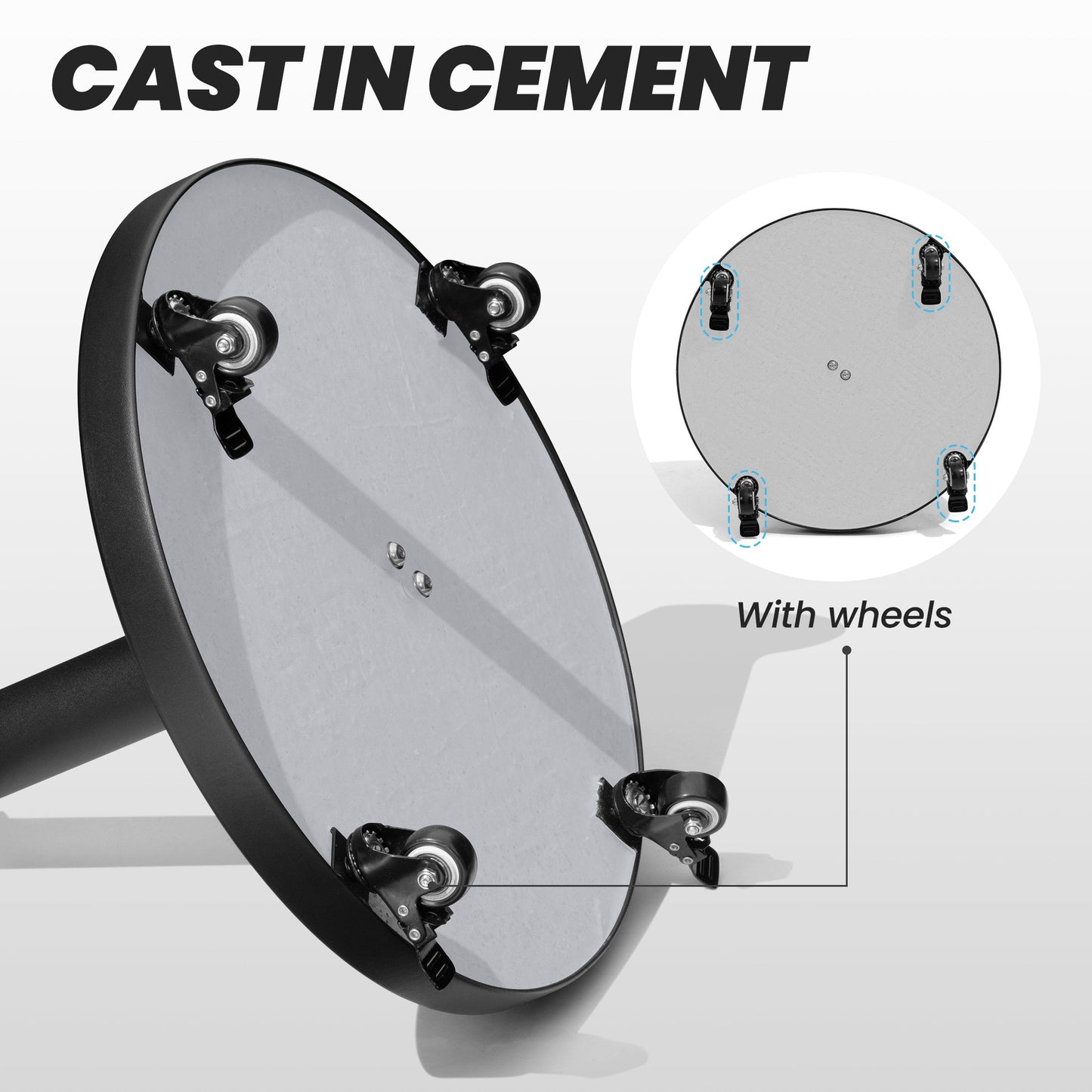 Bottom view of 55 lbs black cast cement patio umbrella base showing 4 caster wheels.