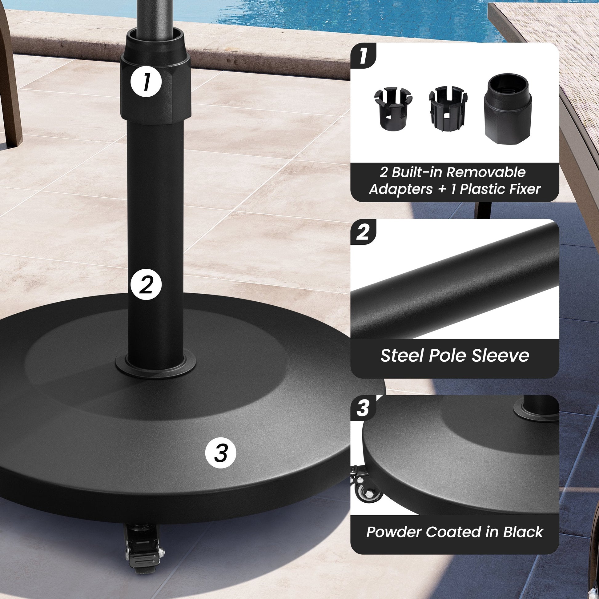 Details of 55 lbs black powder-coated patio umbrella base with wheels, steel pole sleeve, and 3 removable adapters.