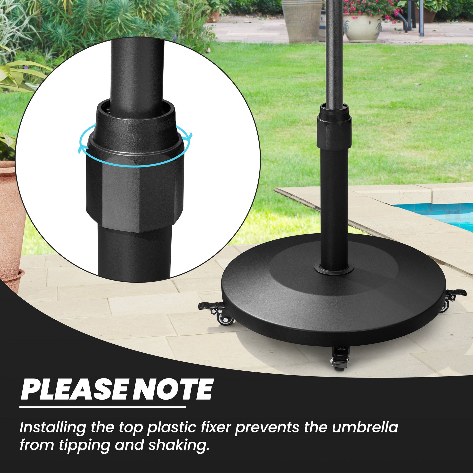 55 lbs black round patio umbrella base with wheels showing the top plastic fixer to prevent tipping.