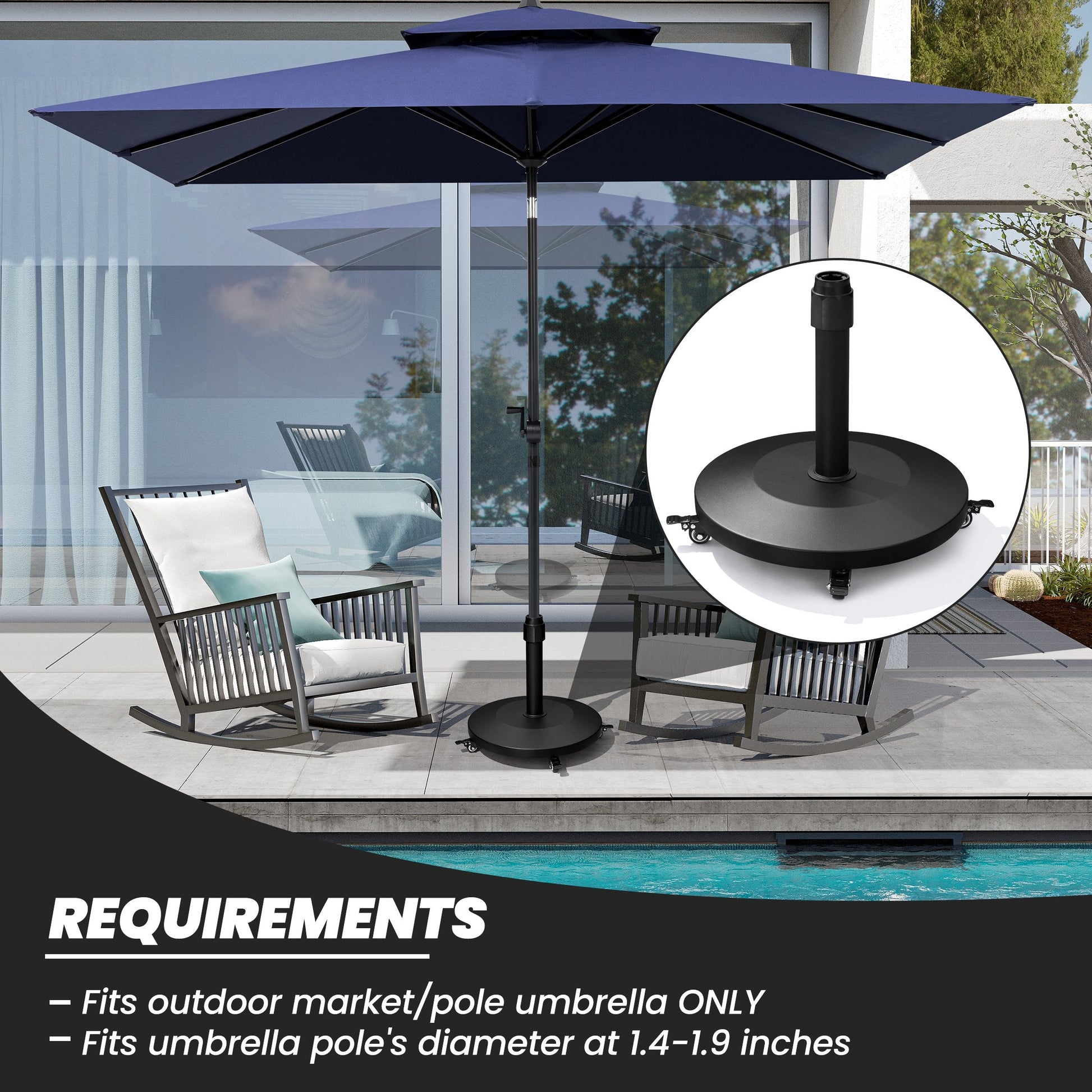 55 lbs black patio umbrella base with wheels supporting a market umbrella, fits 1.4-1.9 inch poles.