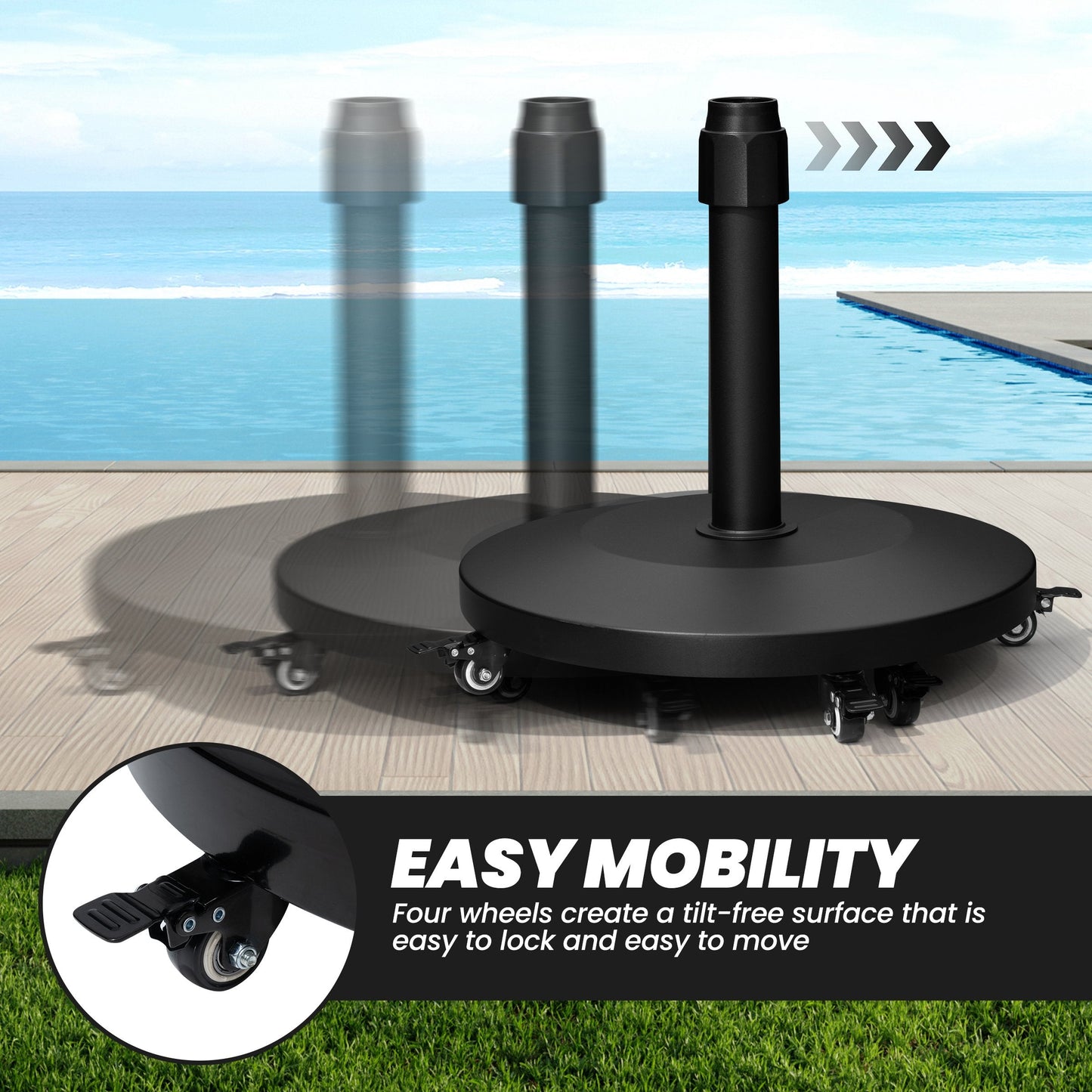 Movable black umbrella base with 4 lockable caster wheels, demonstrating easy mobility on a patio.