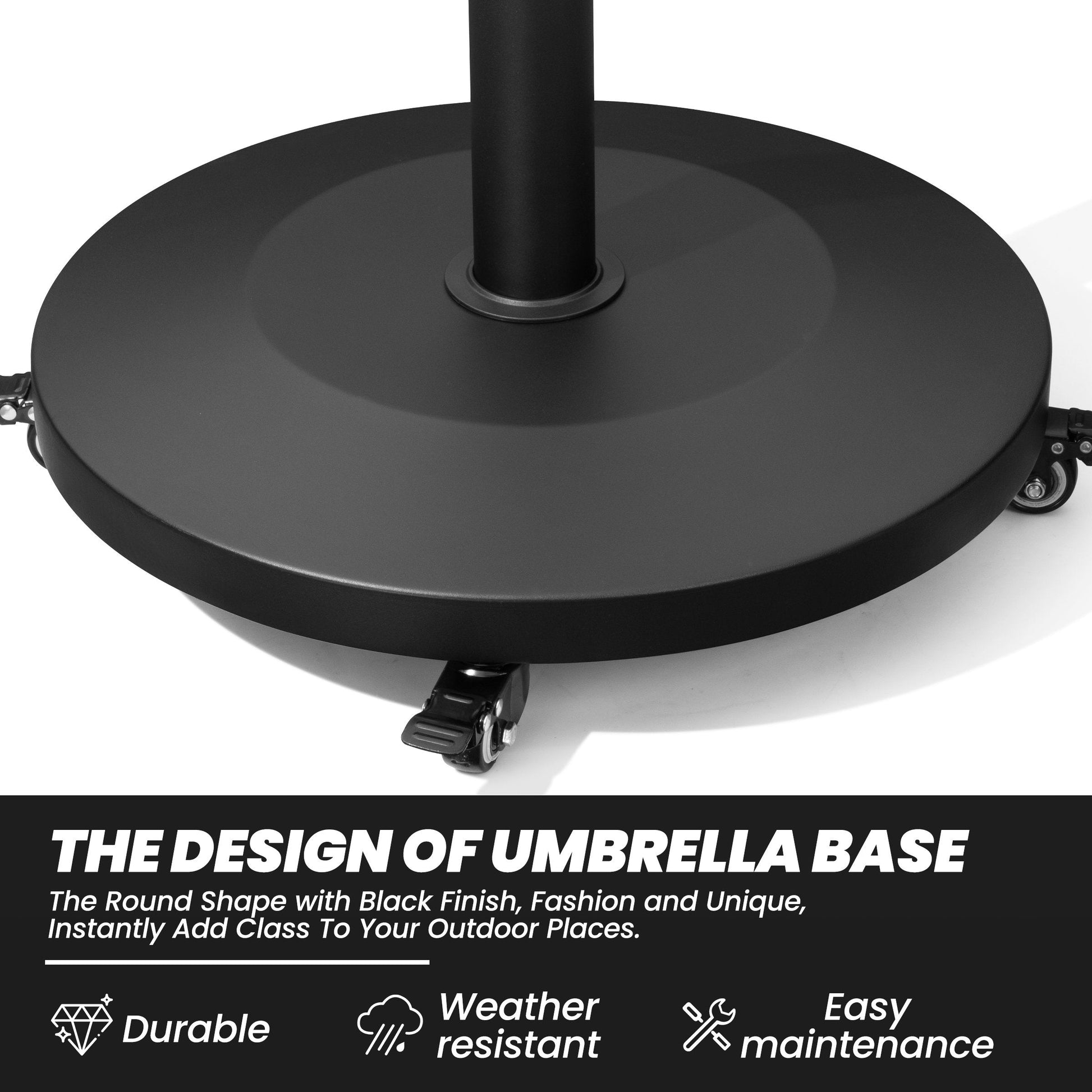 55 lbs round black patio umbrella base with wheels, featuring a durable, weather-resistant finish.