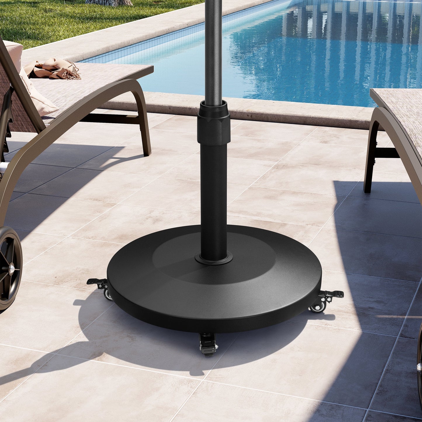 55 lbs round black patio umbrella base with wheels on a poolside patio.