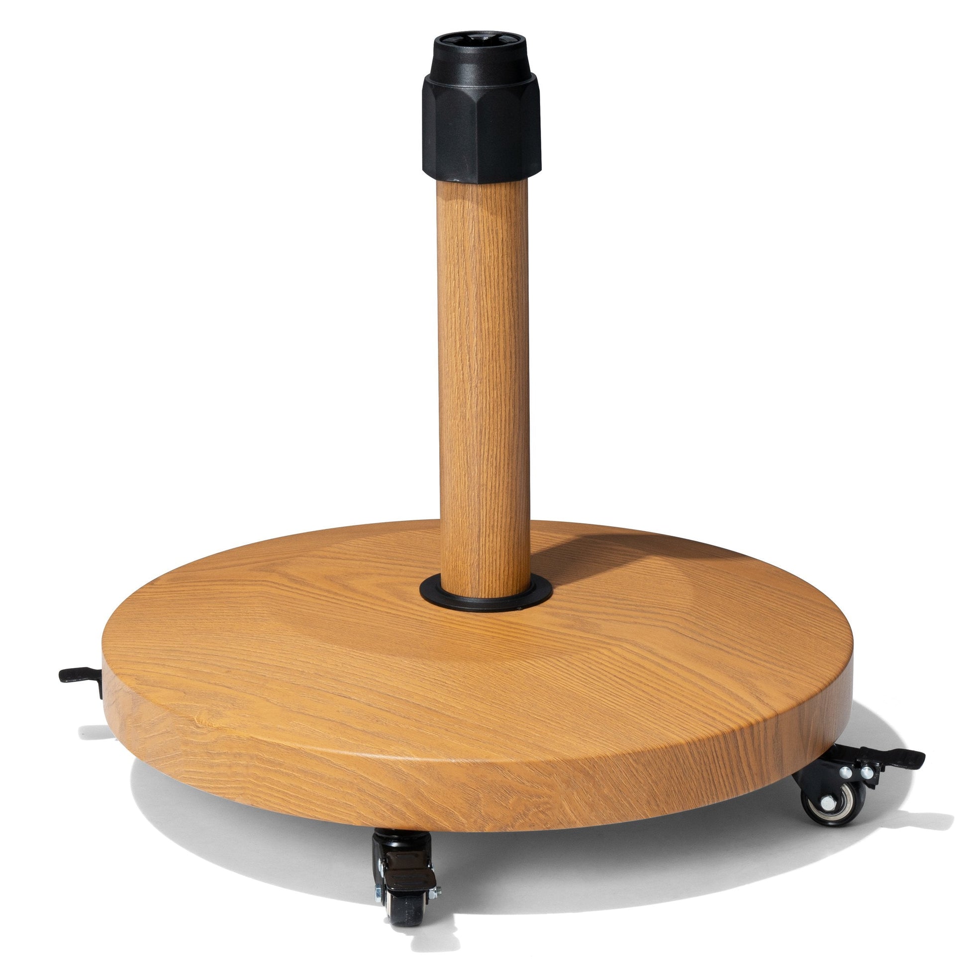 40 lbs round wood grain market umbrella base with 4 caster wheels for easy mobility.