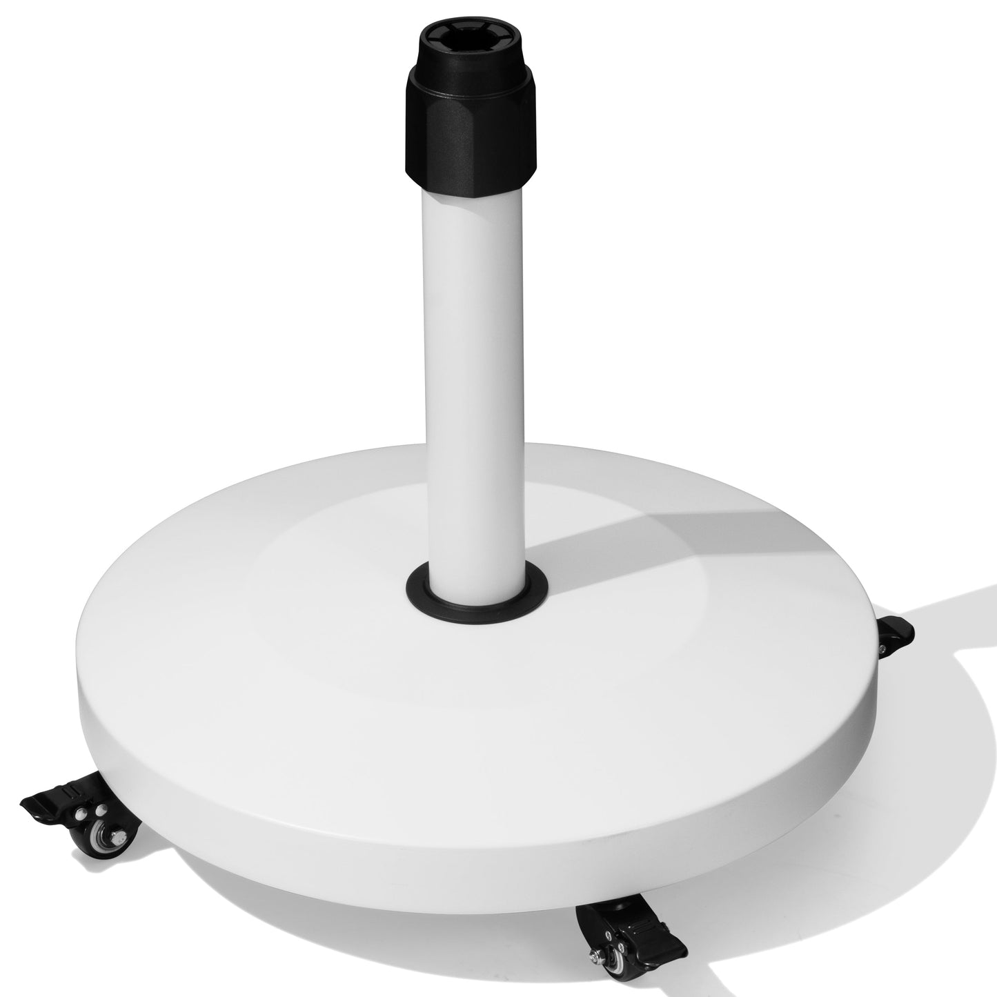 40 lbs round white market umbrella base with 4 caster wheels for easy mobility.