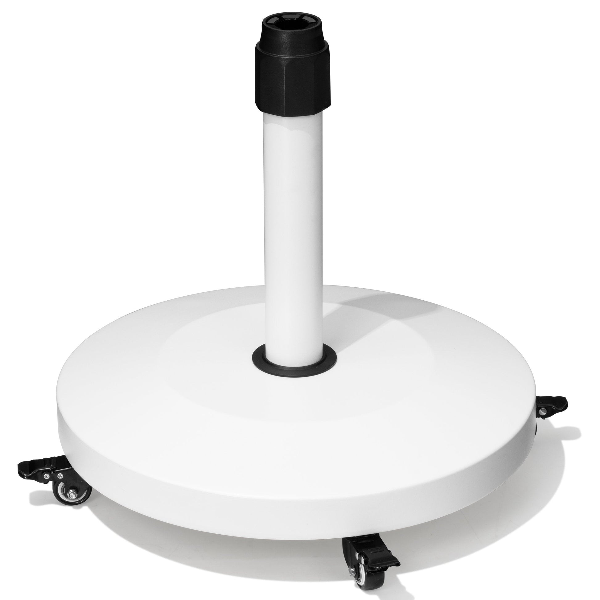 55 lbs round white patio umbrella base with 4 caster wheels for easy mobility.