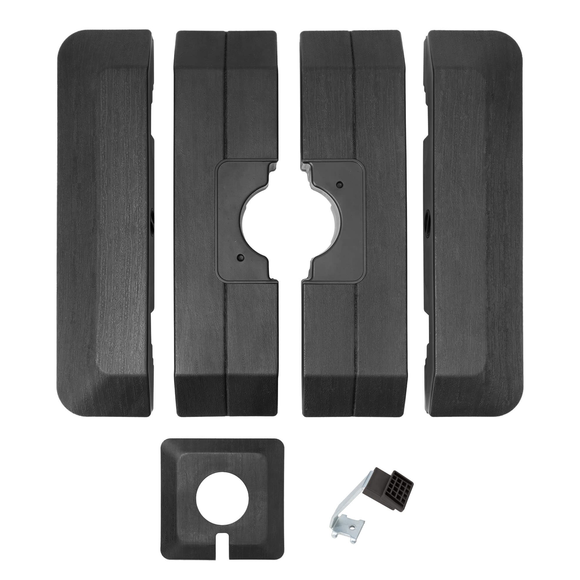 Disassembled 4-piece black fillable cantilever umbrella base showing base sections, center cover, and pedal.