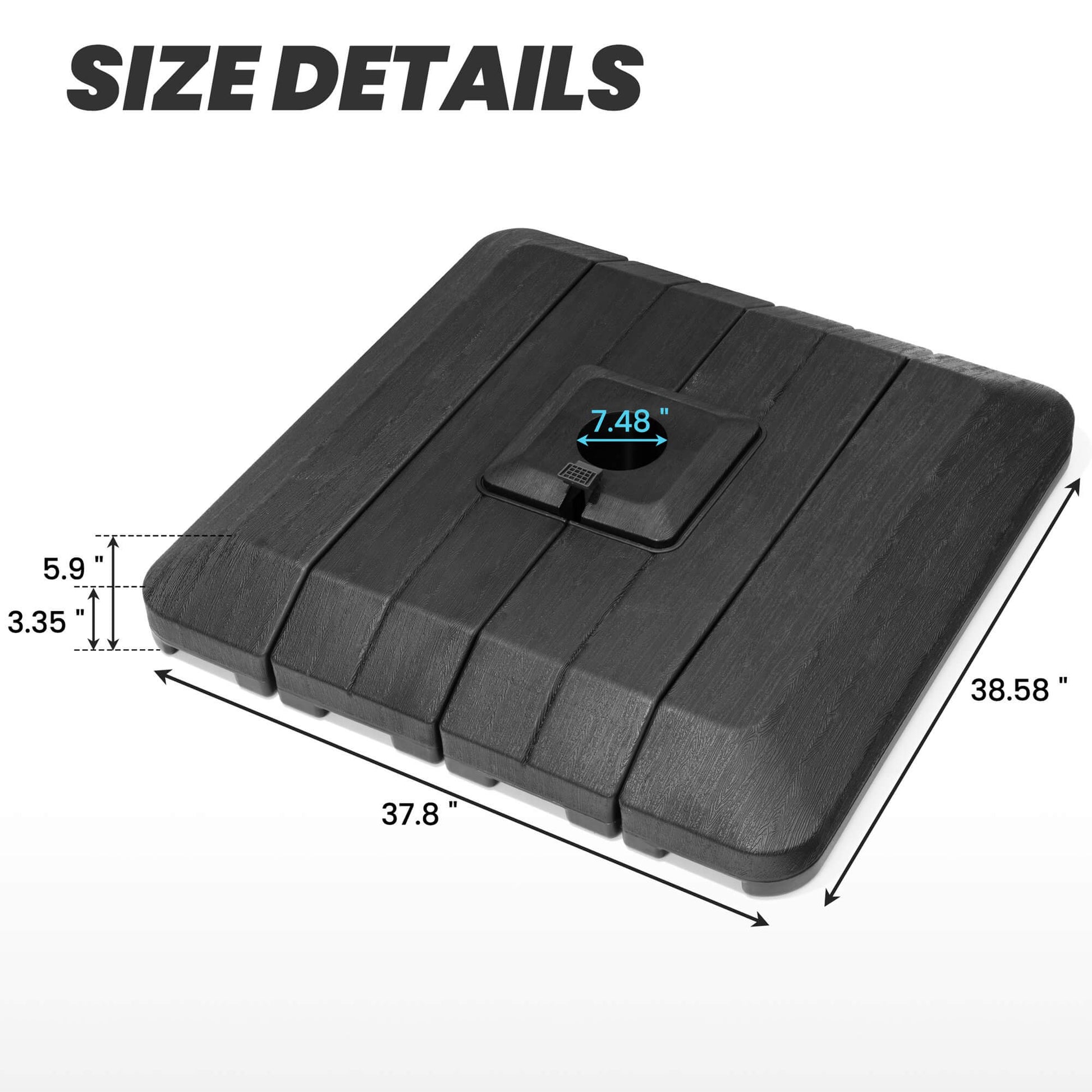Dimensions of 4-piece 240 lbs black square cantilever umbrella base.