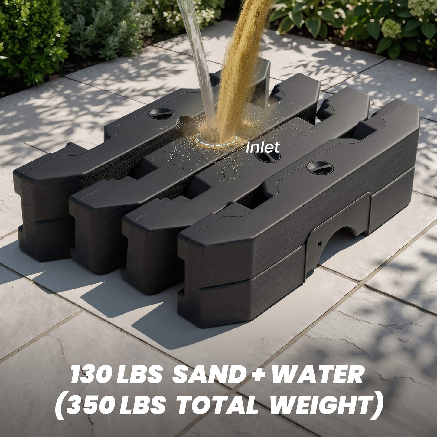 Filling 4-piece black cantilever patio umbrella base with sand and water for 350 lbs weight.