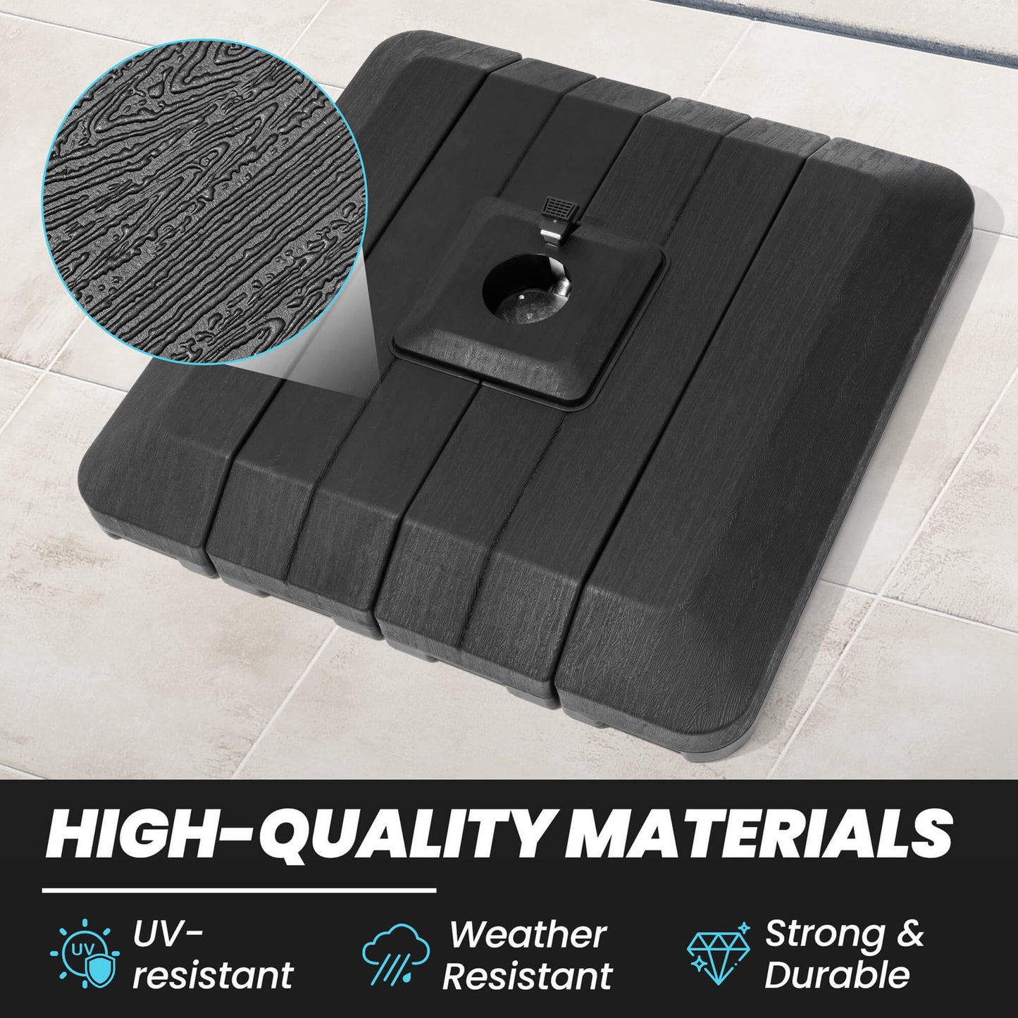 Weather-resistant black 4-piece cantilever umbrella base featuring wood grain texture and durable UV-protected HDPE.