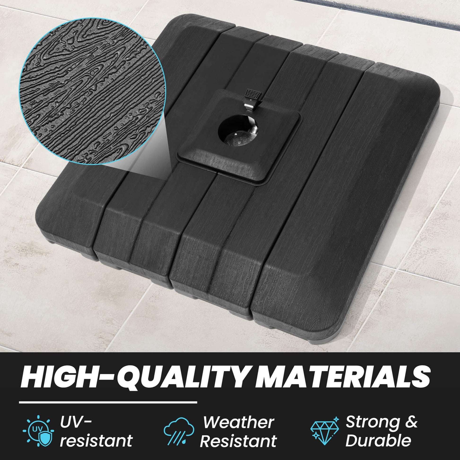 Weather-resistant black 4-piece cantilever umbrella base featuring wood grain texture and durable UV-protected HDPE.