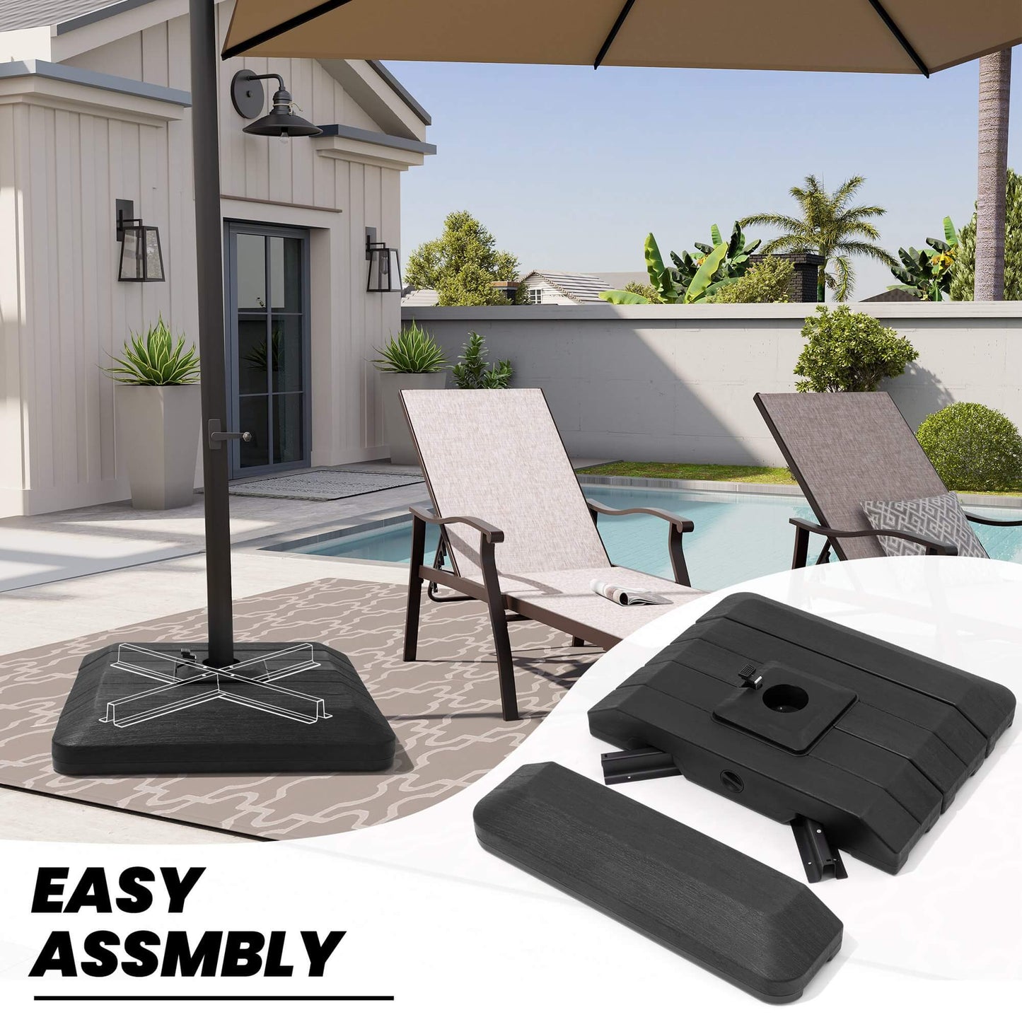 Inset of disassembled multi-piece cantilever umbrella base, with larger scene of assembled base on a patio.