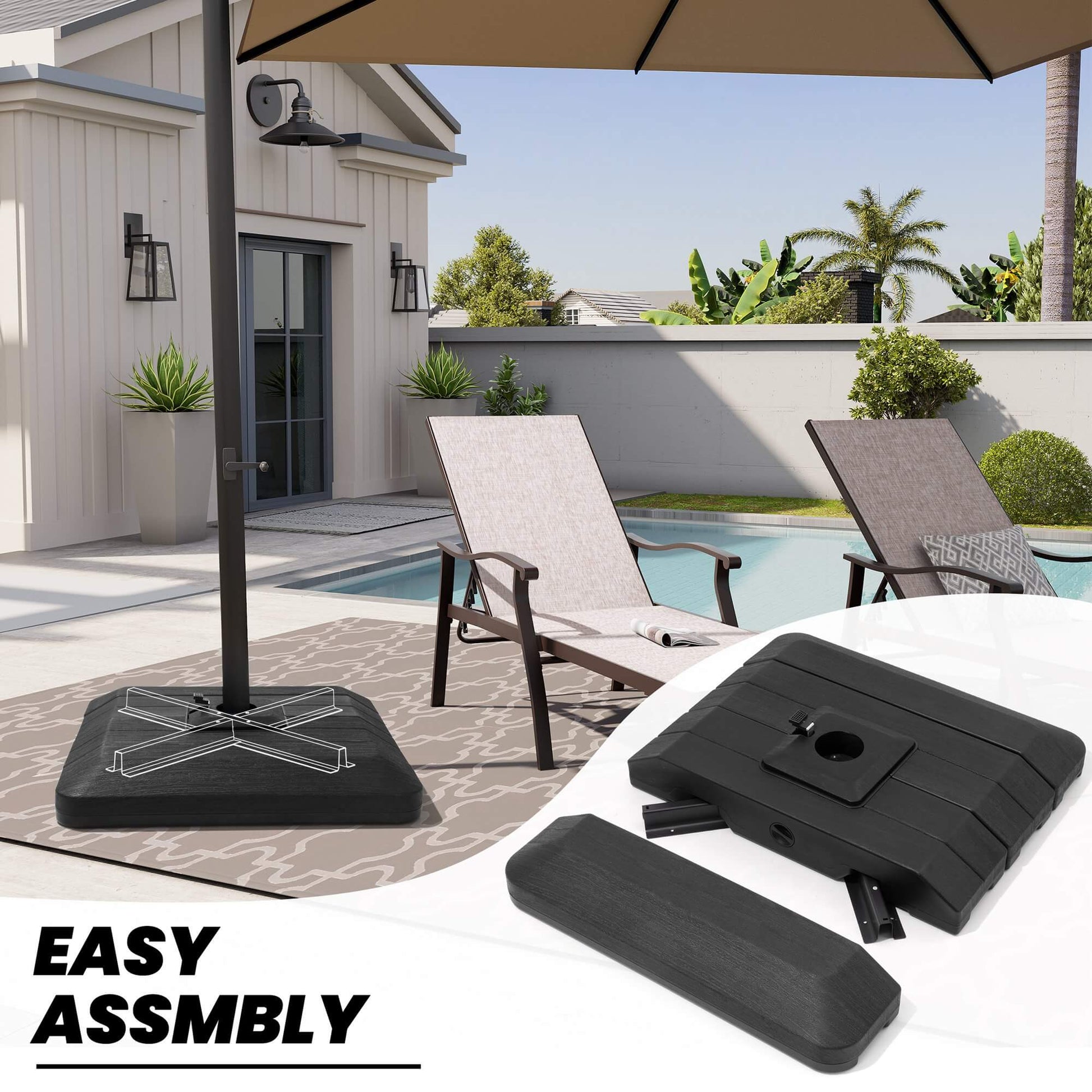 Inset of disassembled multi-piece cantilever umbrella base, with larger scene of assembled base on a patio.