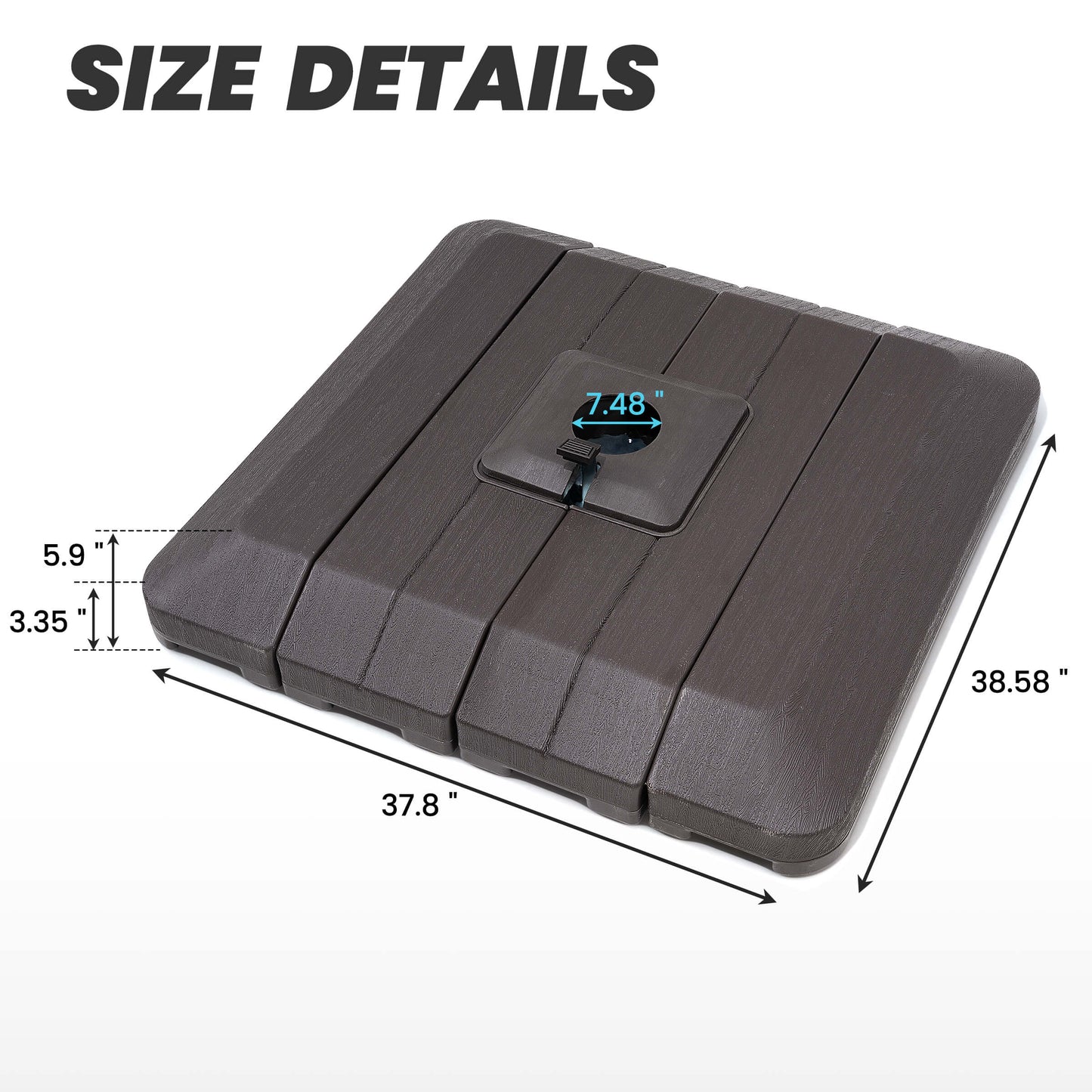 Dimensions of 4-piece 240 lbs brown square cantilever umbrella base.
