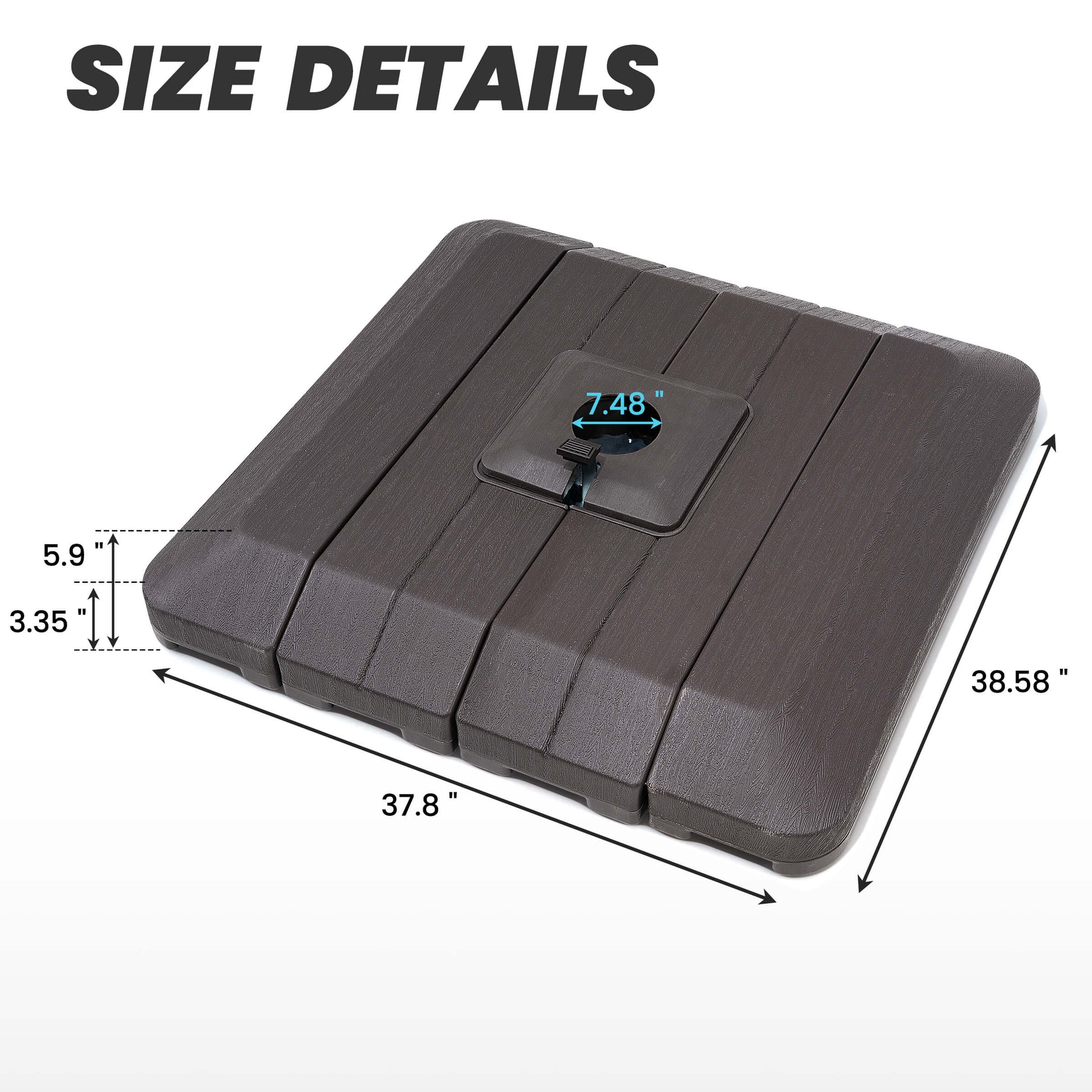 Dimensions of 4-piece 240 lbs brown square cantilever umbrella base.