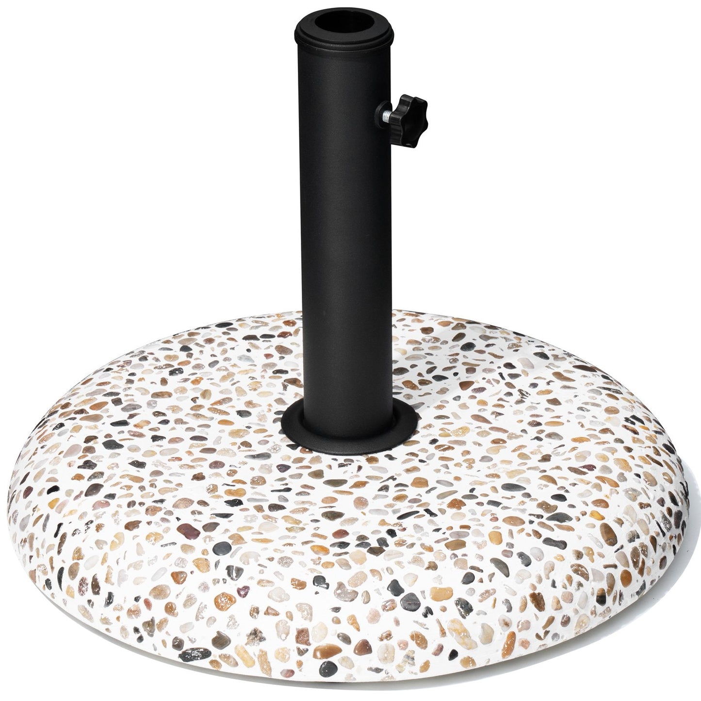 Pebble white 45 lbs heavy duty round cement market umbrella base with cobble pattern.