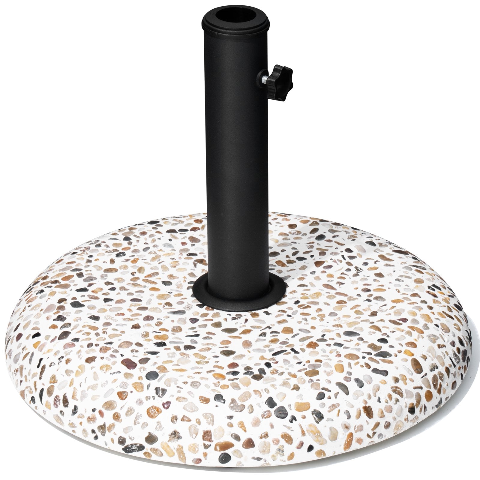 Pebble white 45 lbs heavy duty round cement market umbrella base with cobble pattern.