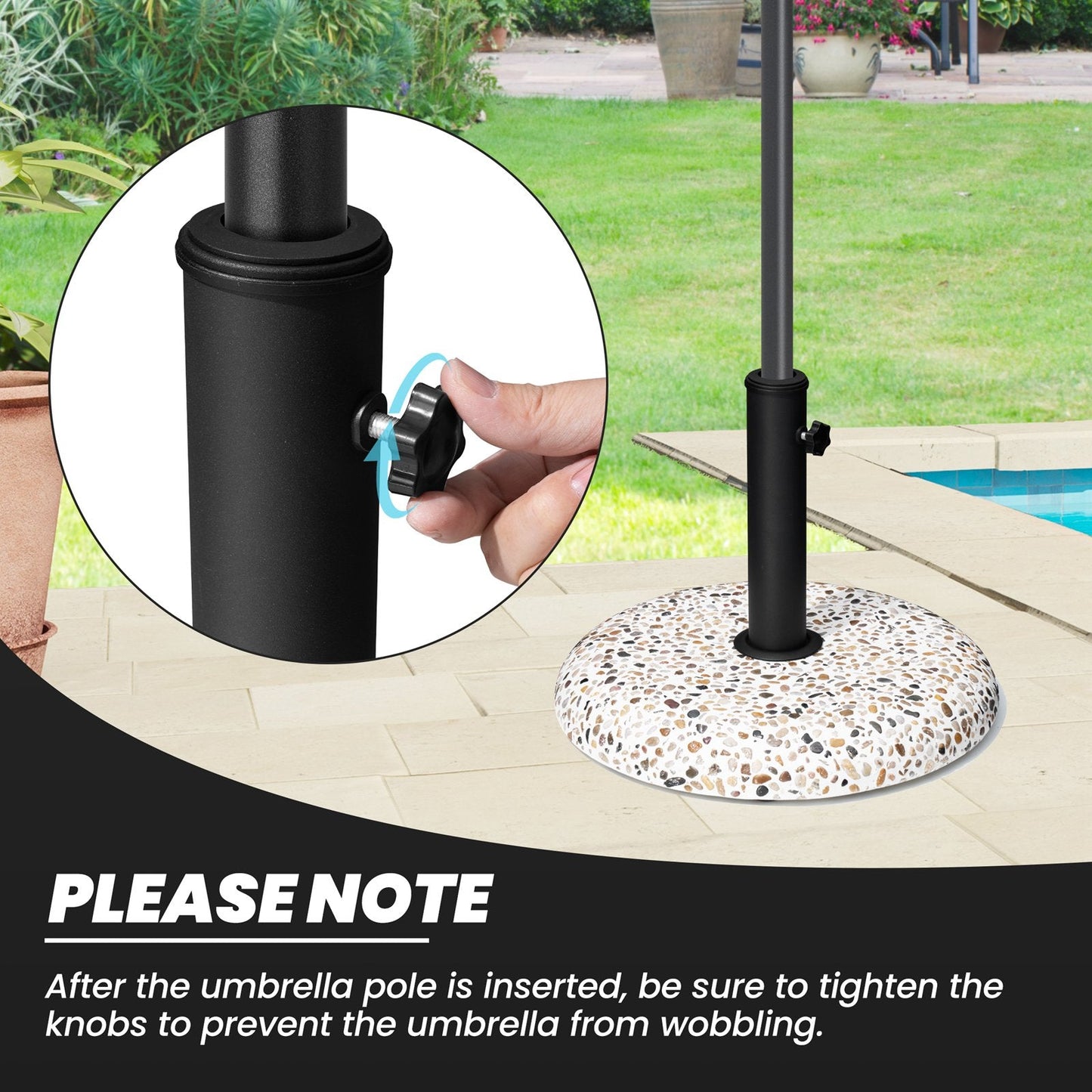 Hand tightening the securing knob on a pebble white 45 lbs round cement market umbrella base pole.