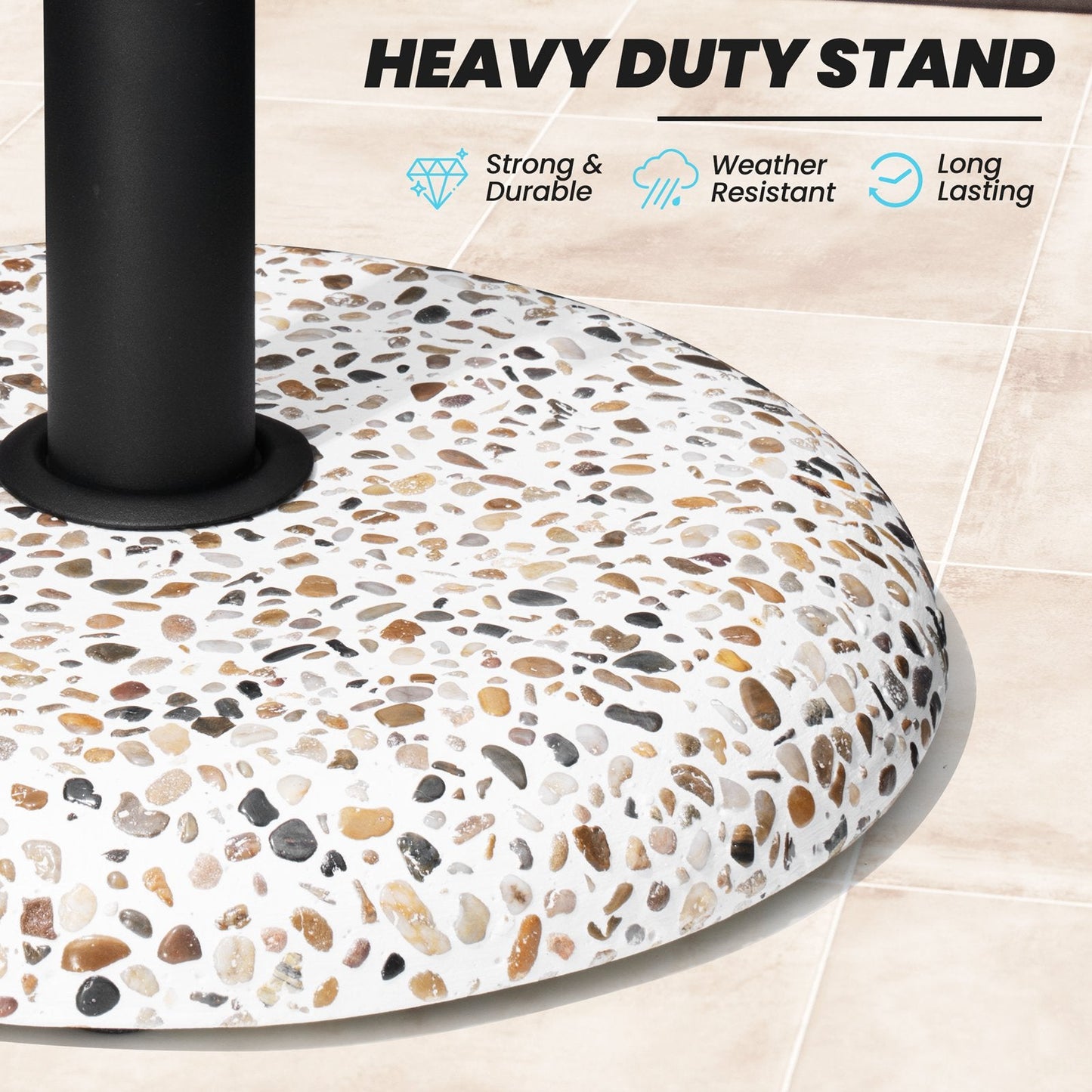 Weather-resistant pebble white 45 lbs heavy duty round cement umbrella base with cobble pattern.