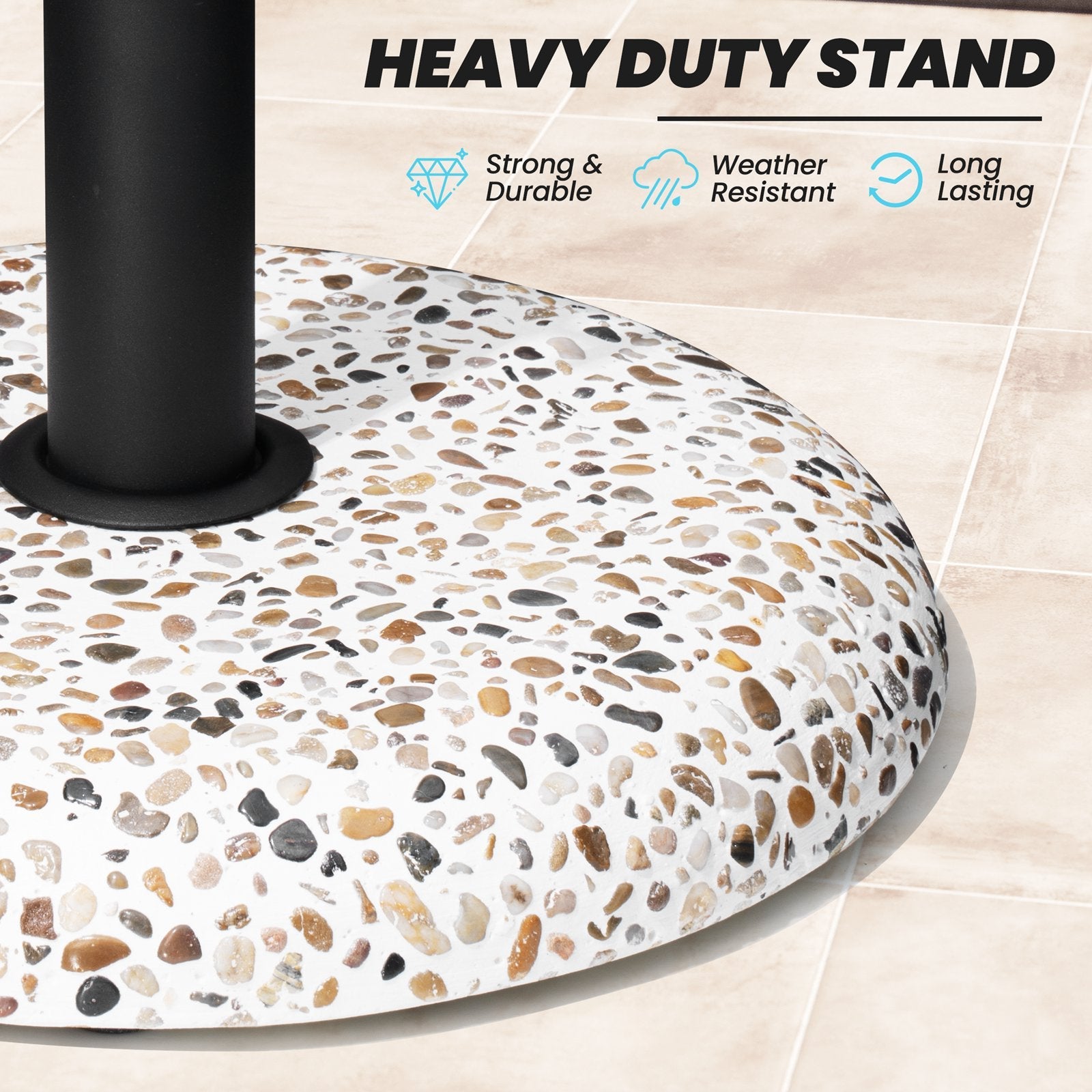 Weather-resistant pebble white 45 lbs heavy duty round cement umbrella base with cobble pattern.