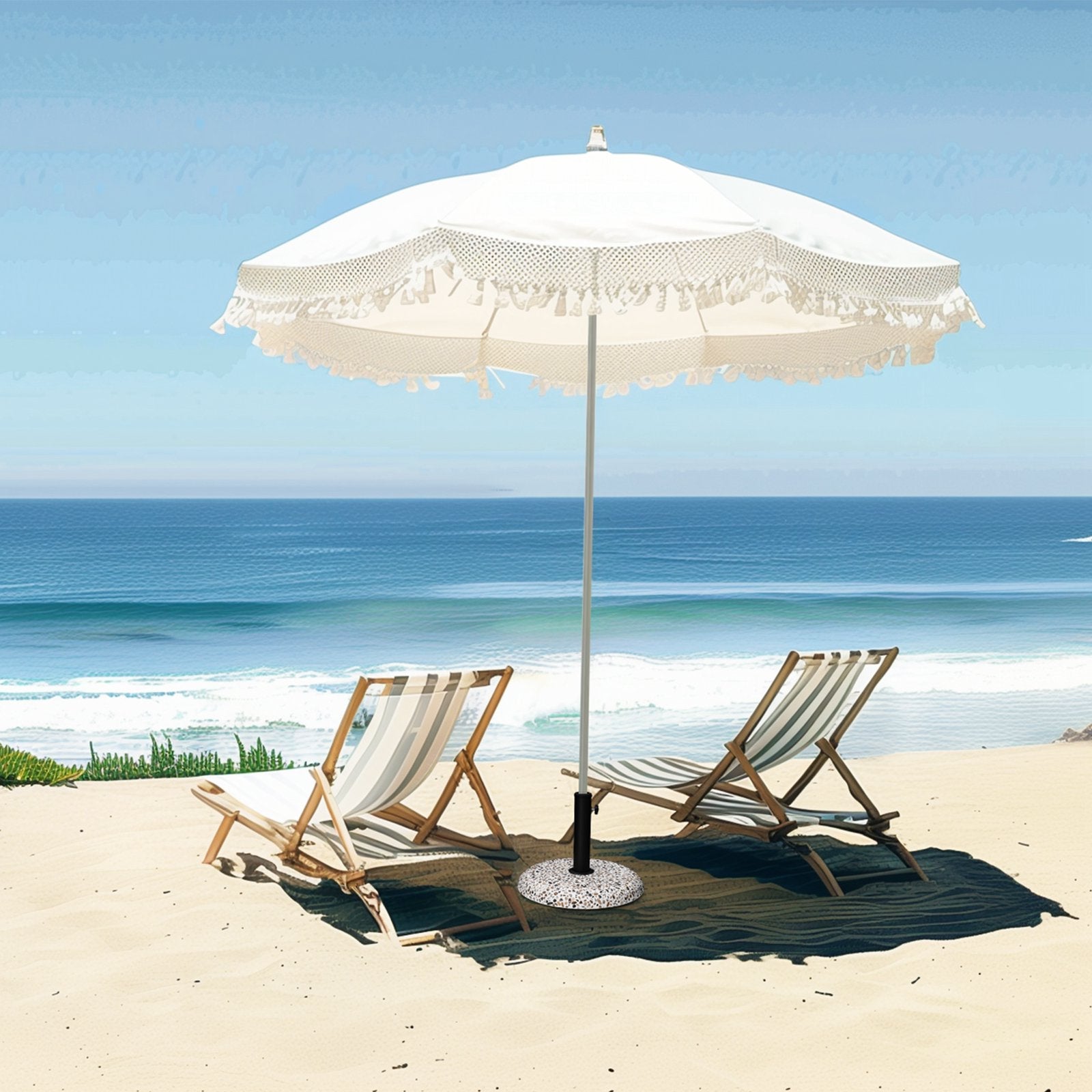 Pebble white round cement base supporting a fringed white beach umbrella and striped chairs.