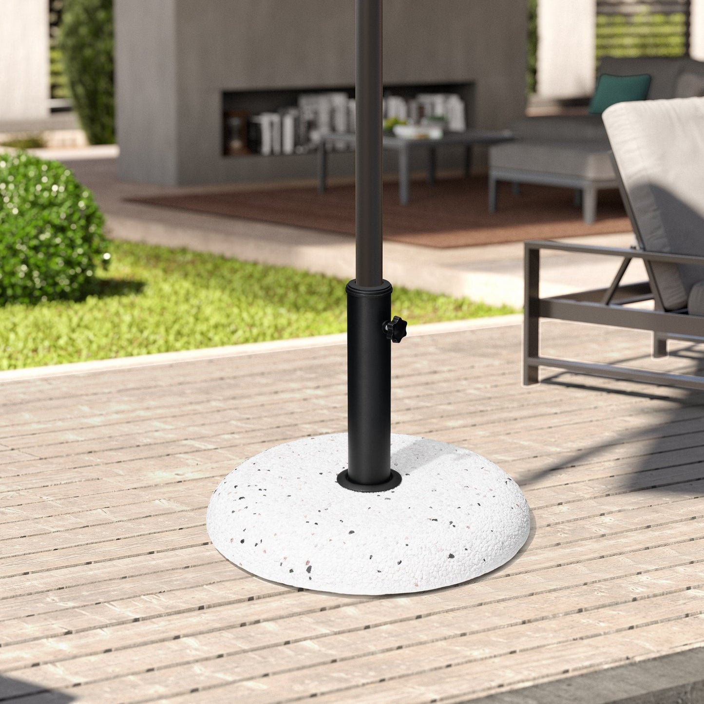 Pebble white 45 lbs heavy duty round cement umbrella base on a wooden deck.